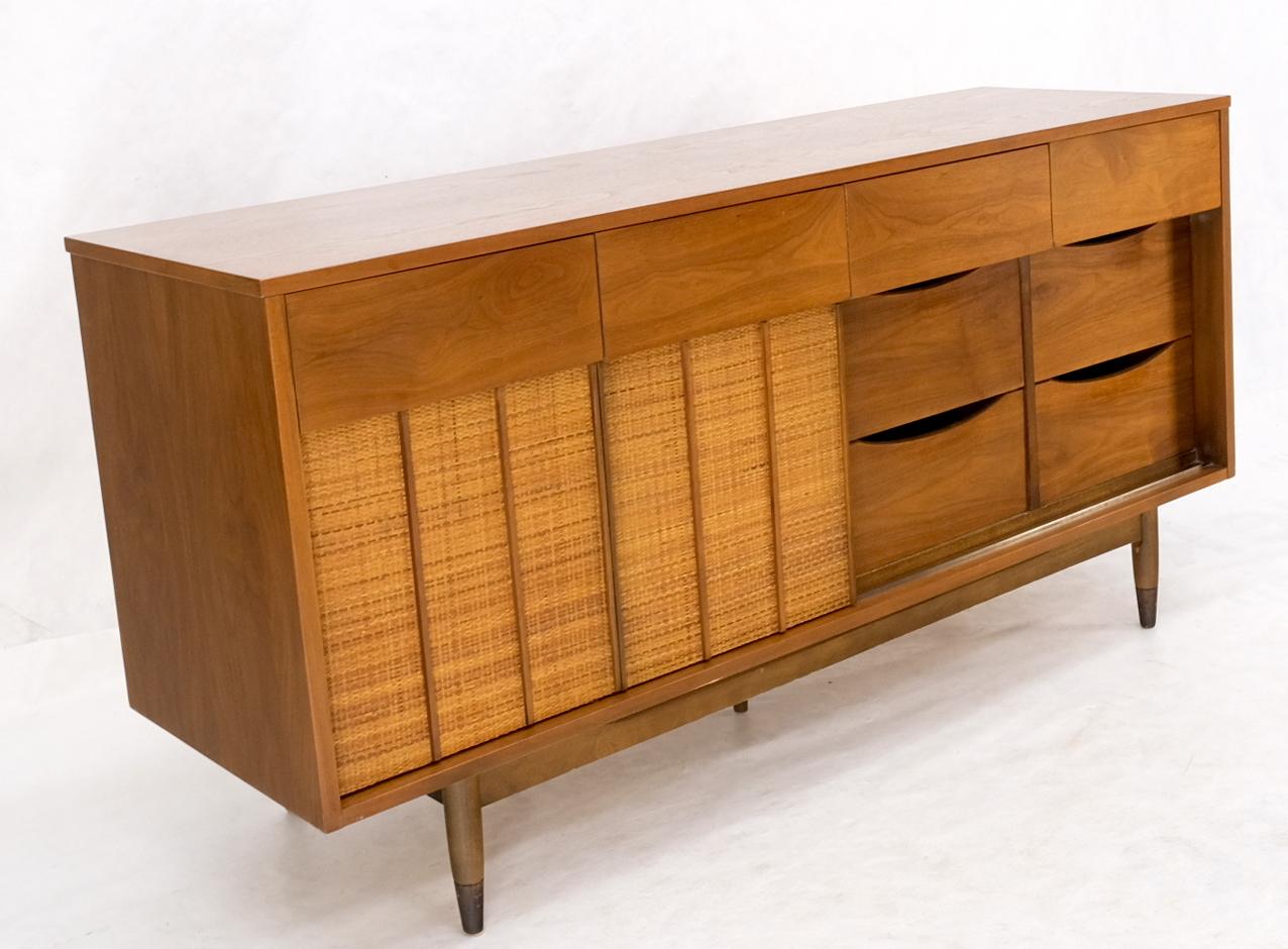EstablishedLines Light American Walnut Multi Drawer Sliding Cane Doors Dowel Leg Long Credenza