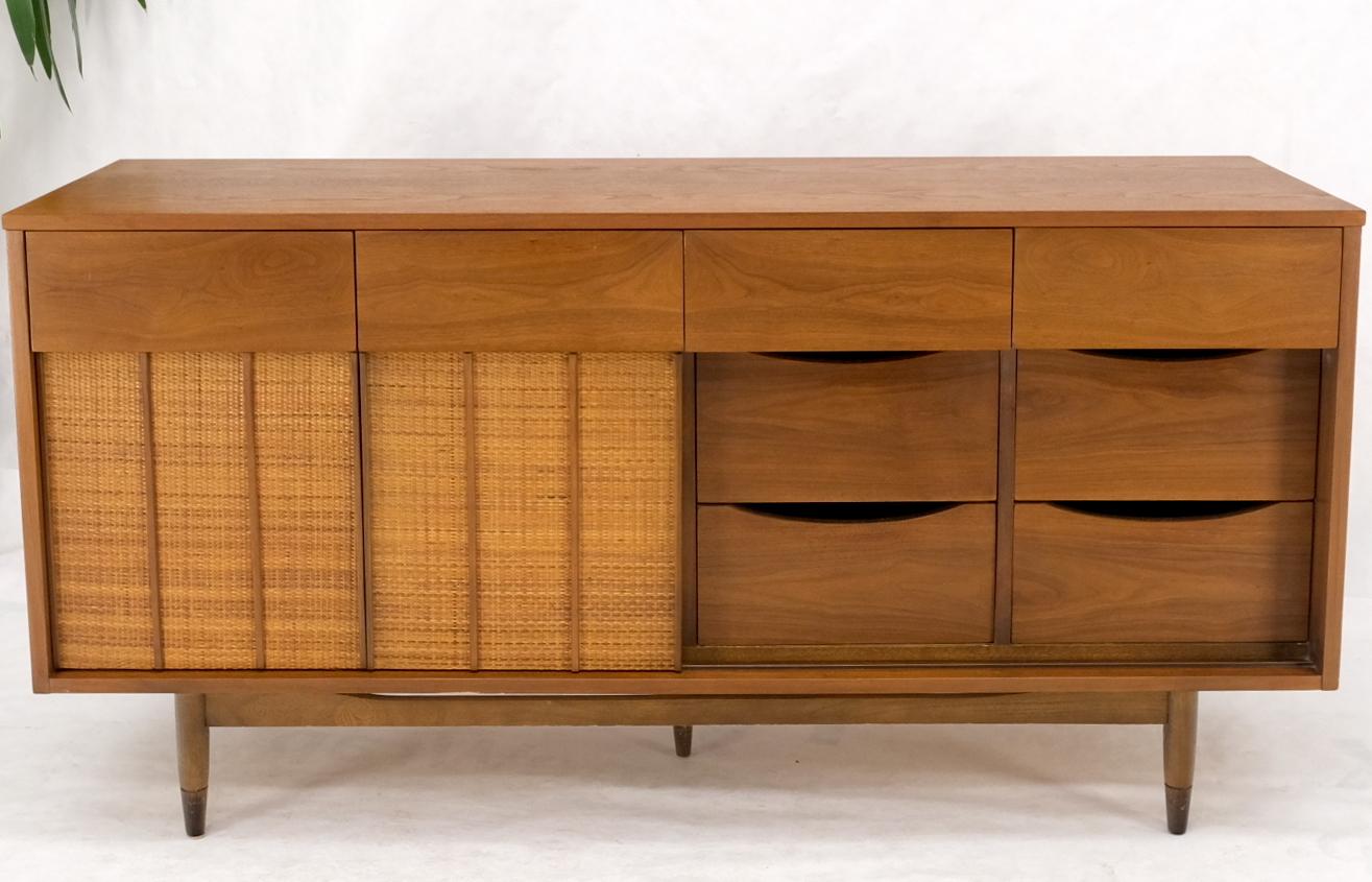 EstablishedLines Light American Walnut Multi Drawer Sliding Cane Doors Dowel Leg Long Credenza