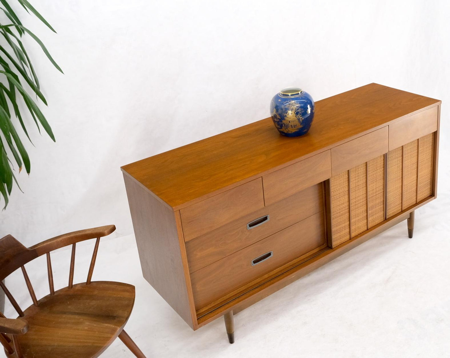 EstablishedLines Light American Walnut Multi Drawer Sliding Cane Doors Dowel Leg Long Credenza