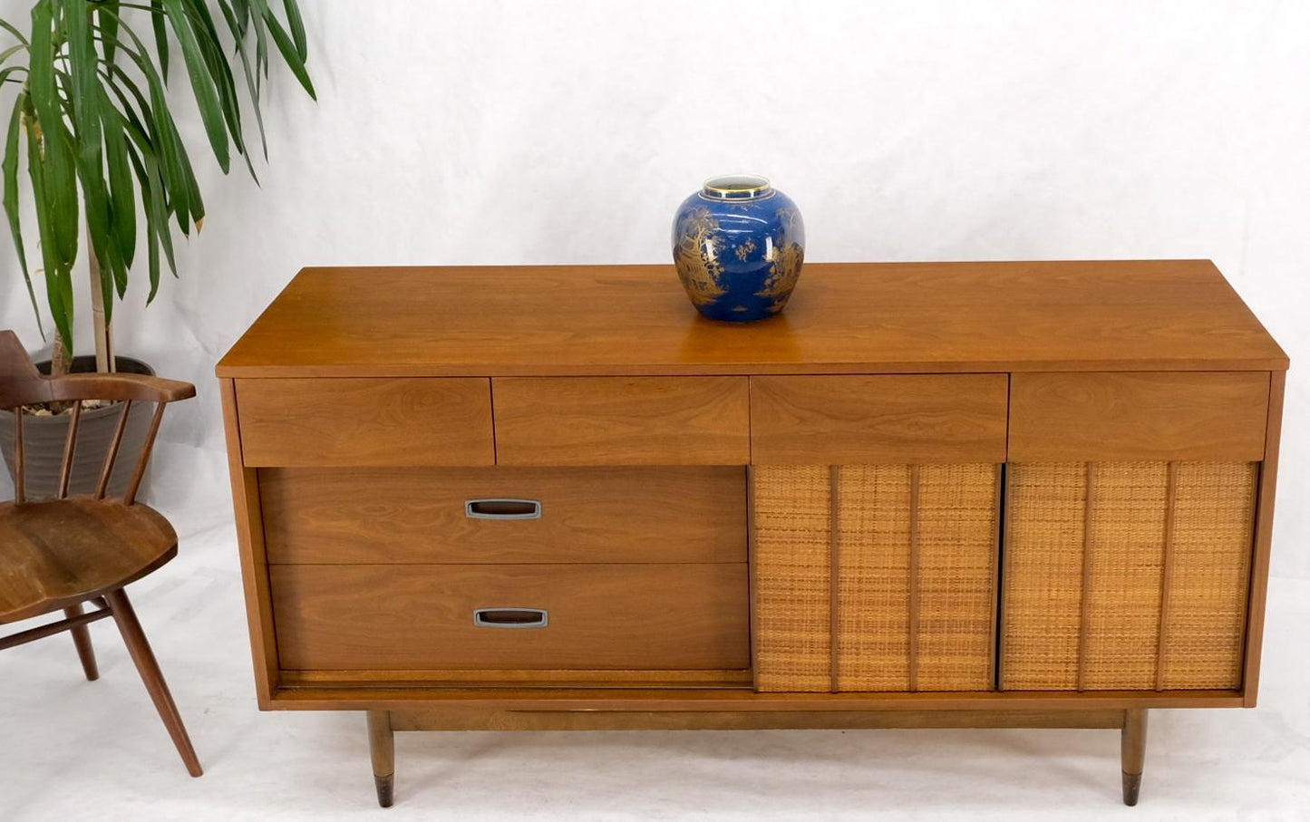 EstablishedLines Light American Walnut Multi Drawer Sliding Cane Doors Dowel Leg Long Credenza