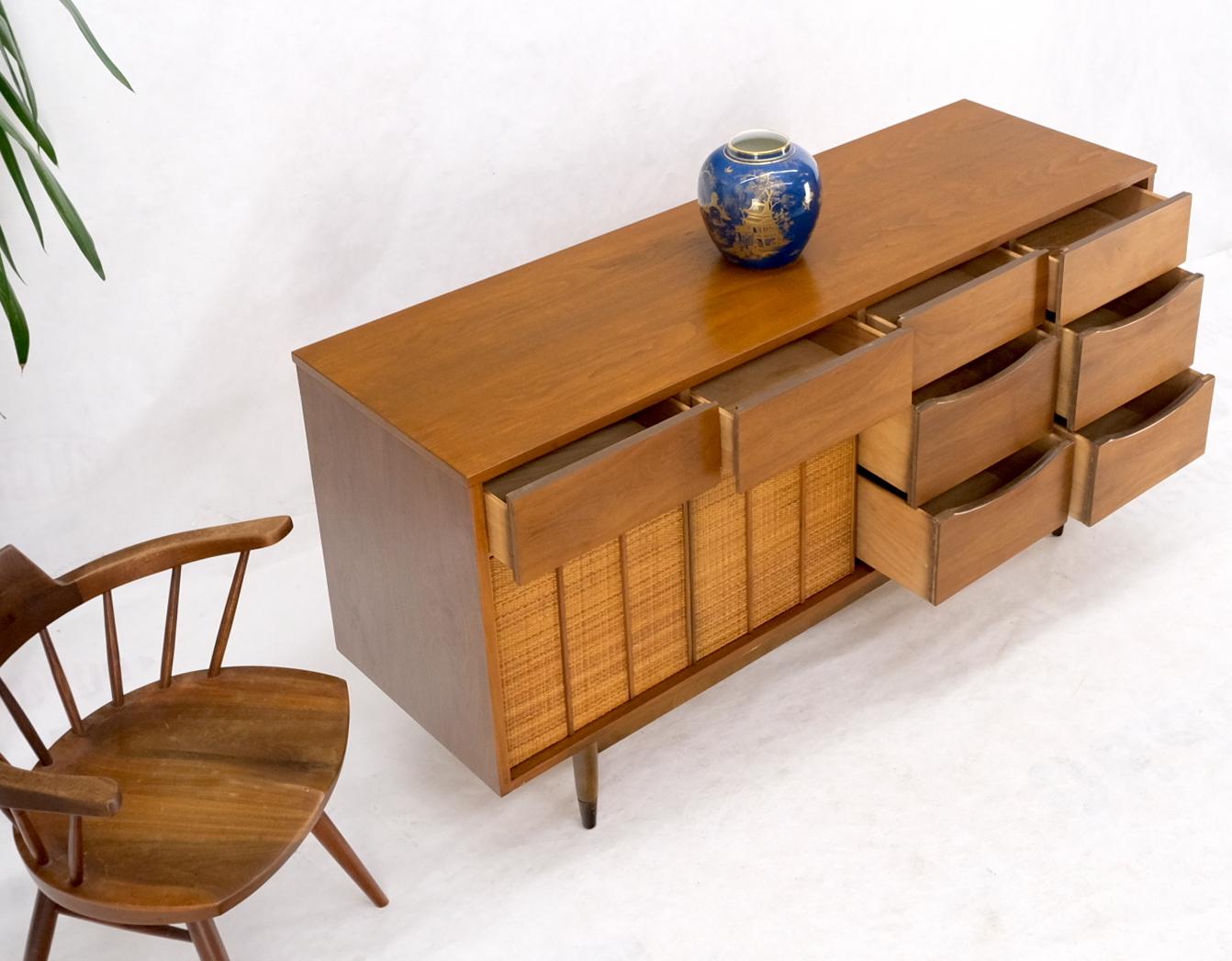 EstablishedLines Light American Walnut Multi Drawer Sliding Cane Doors Dowel Leg Long Credenza