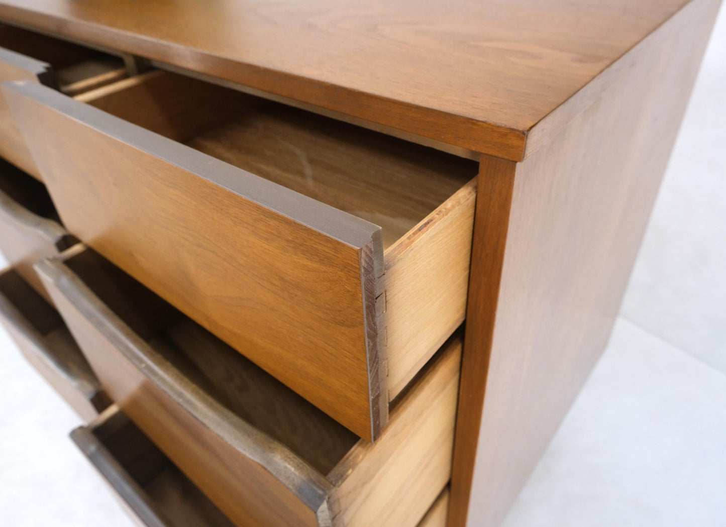 EstablishedLines Light American Walnut Multi Drawer Sliding Cane Doors Dowel Leg Long Credenza