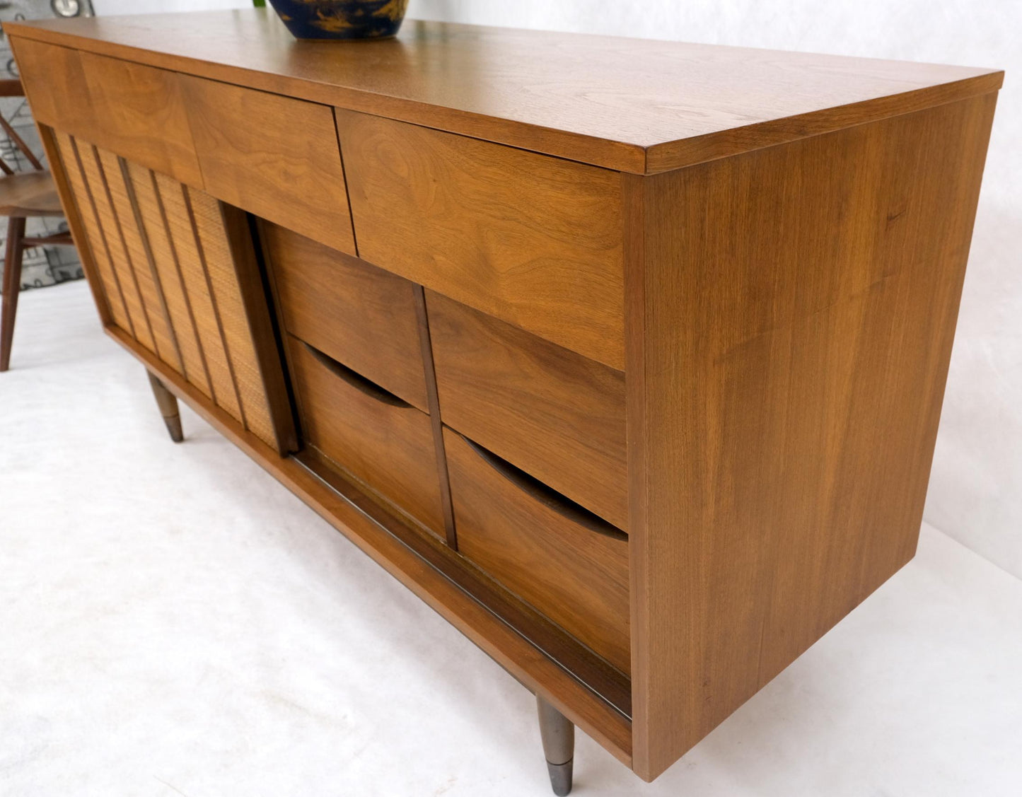 EstablishedLines Light American Walnut Multi Drawer Sliding Cane Doors Dowel Leg Long Credenza