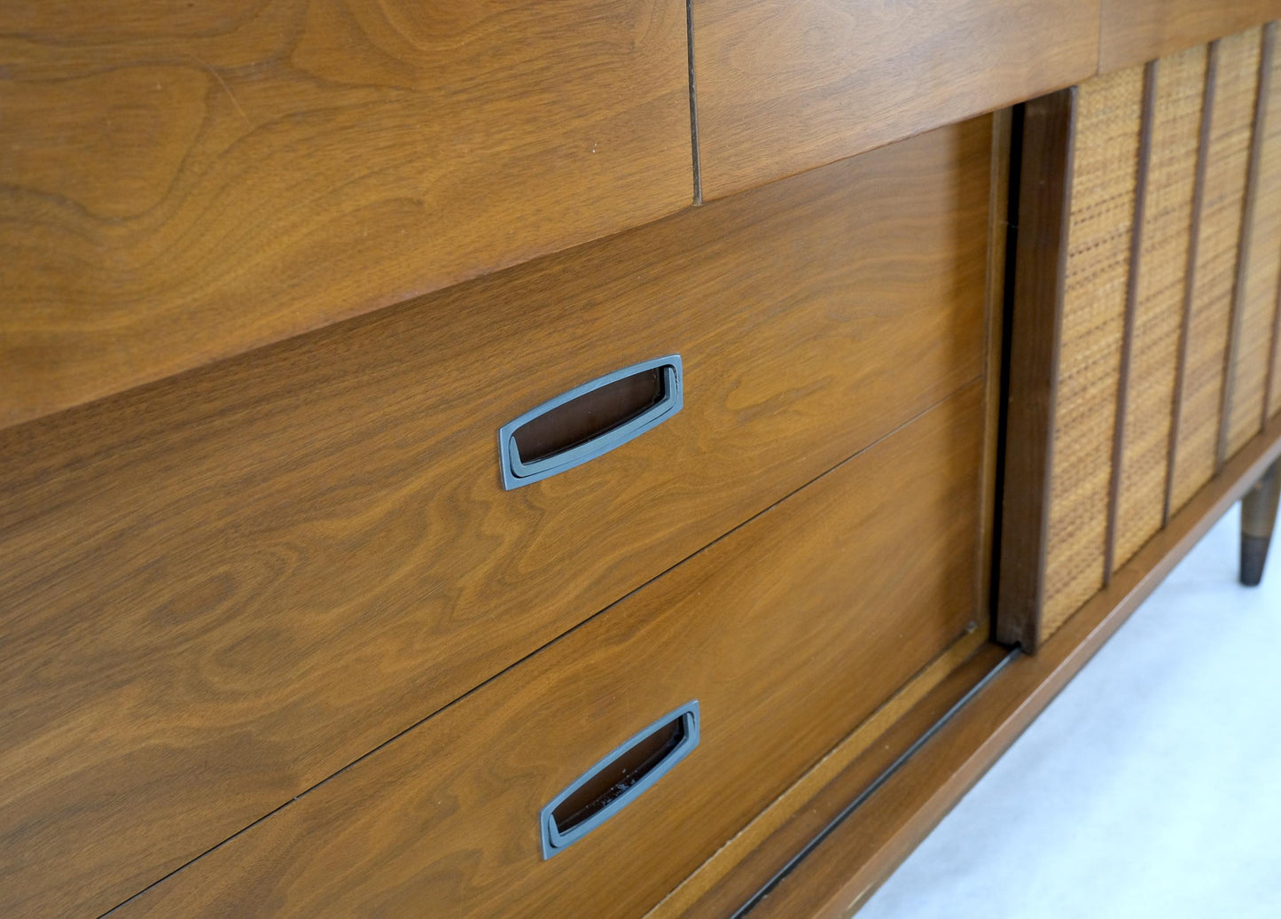 EstablishedLines Light American Walnut Multi Drawer Sliding Cane Doors Dowel Leg Long Credenza