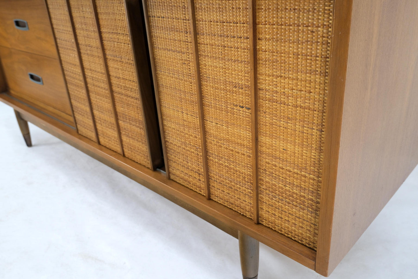 EstablishedLines Light American Walnut Multi Drawer Sliding Cane Doors Dowel Leg Long Credenza