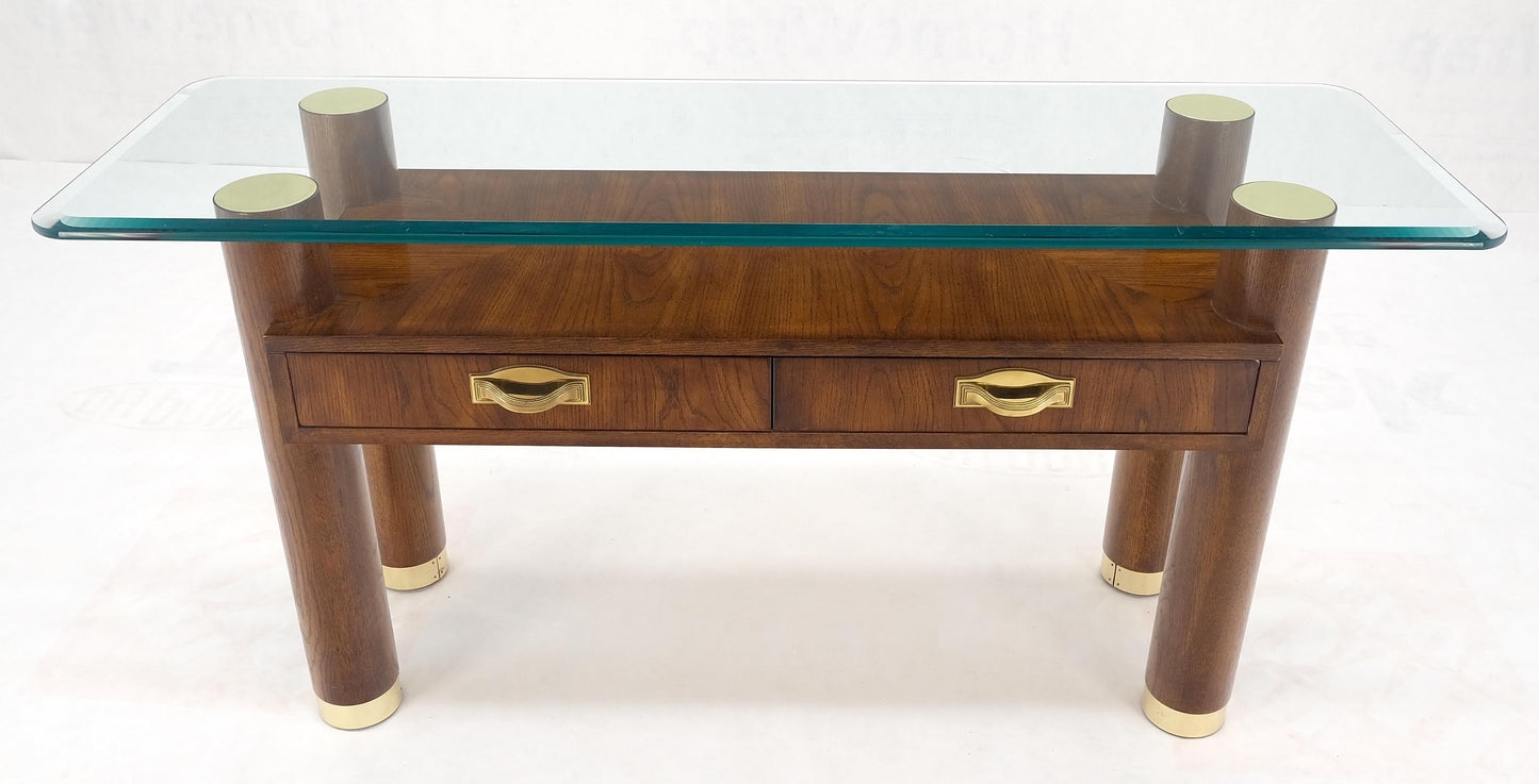 EstablishedLines Heavy Solid Oak Cylinder Legs Brass Tips Hardware Two Drawers Console Table MINT