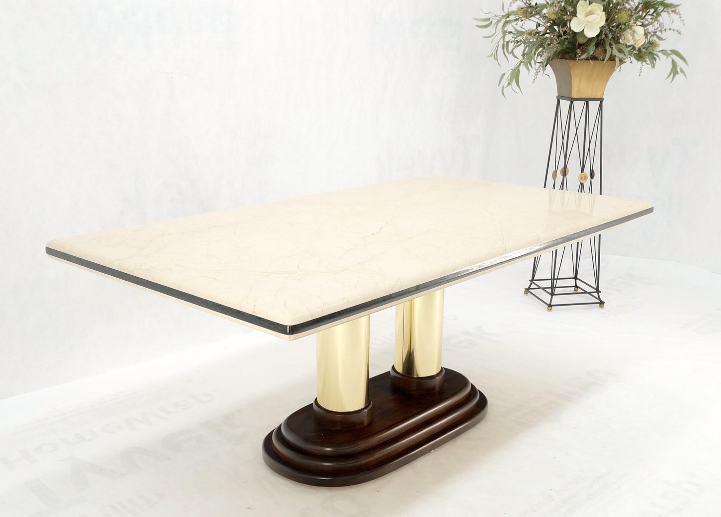 EstablishedLines Rounded Edge Marble Top Single Brass Pedestal Base Dining Conference Table Mint!