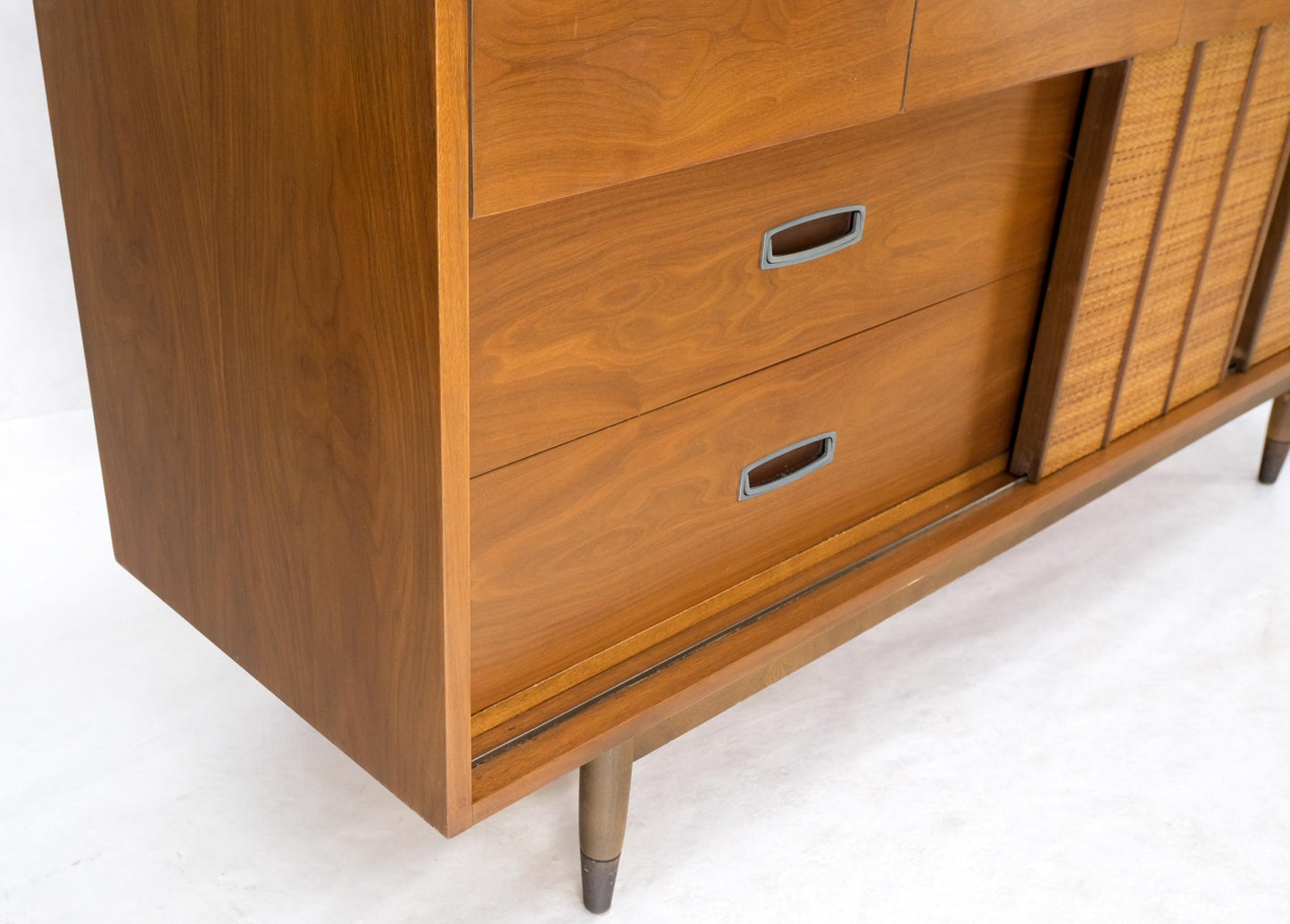 EstablishedLines Light American Walnut Multi Drawer Sliding Cane Doors Dowel Leg Long Credenza