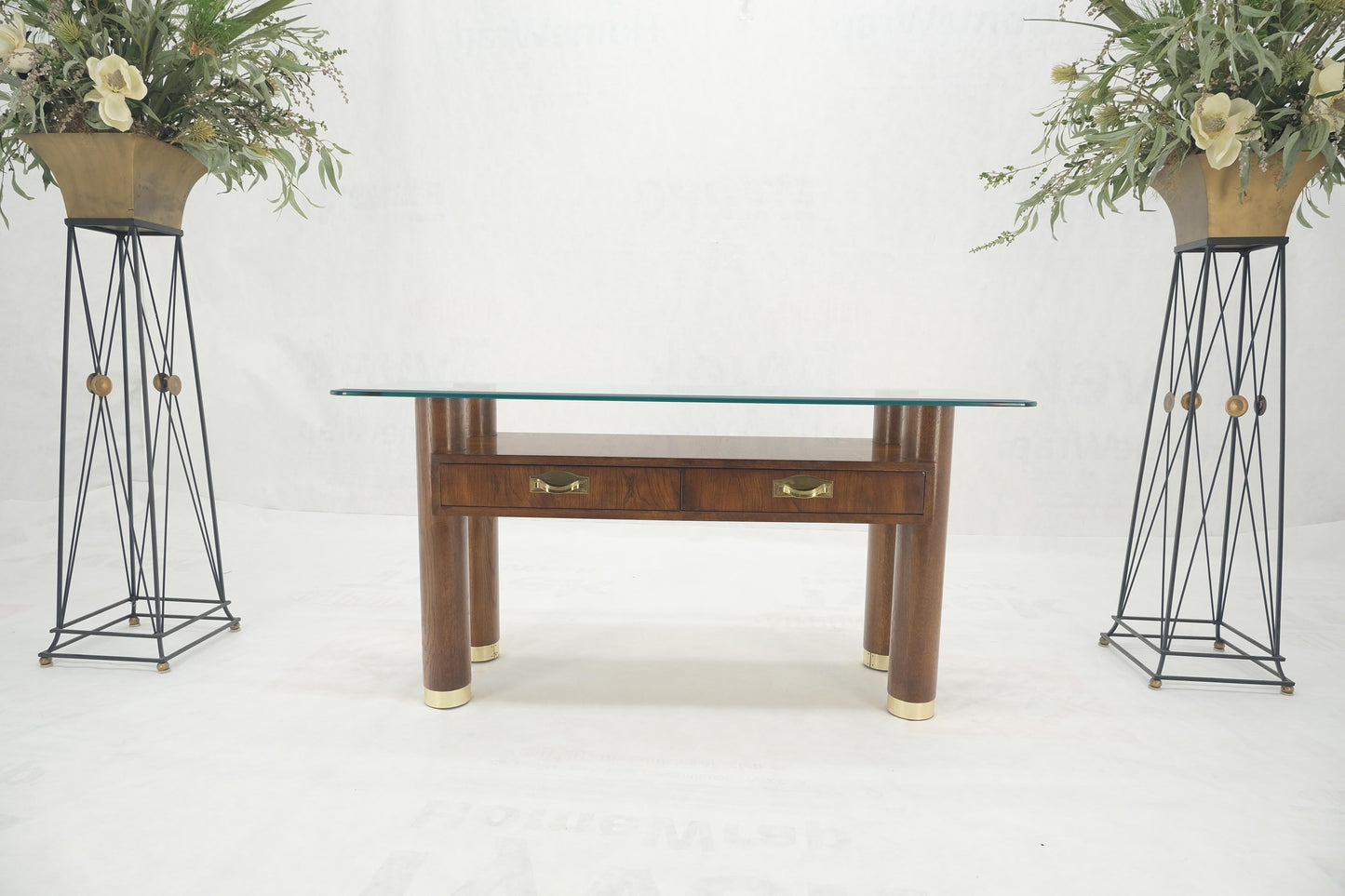 EstablishedLines Heavy Solid Oak Cylinder Legs Brass Tips Hardware Two Drawers Console Table MINT