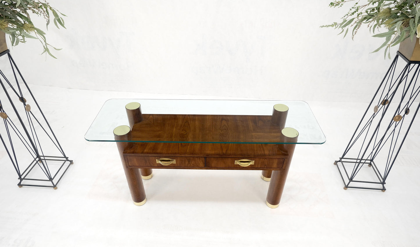 EstablishedLines Heavy Solid Oak Cylinder Legs Brass Tips Hardware Two Drawers Console Table MINT
