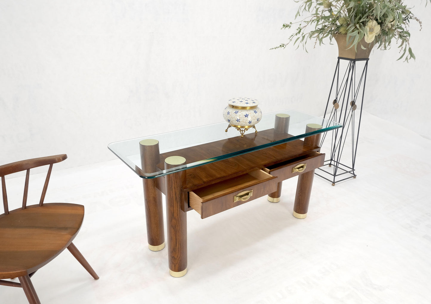 EstablishedLines Heavy Solid Oak Cylinder Legs Brass Tips Hardware Two Drawers Console Table MINT