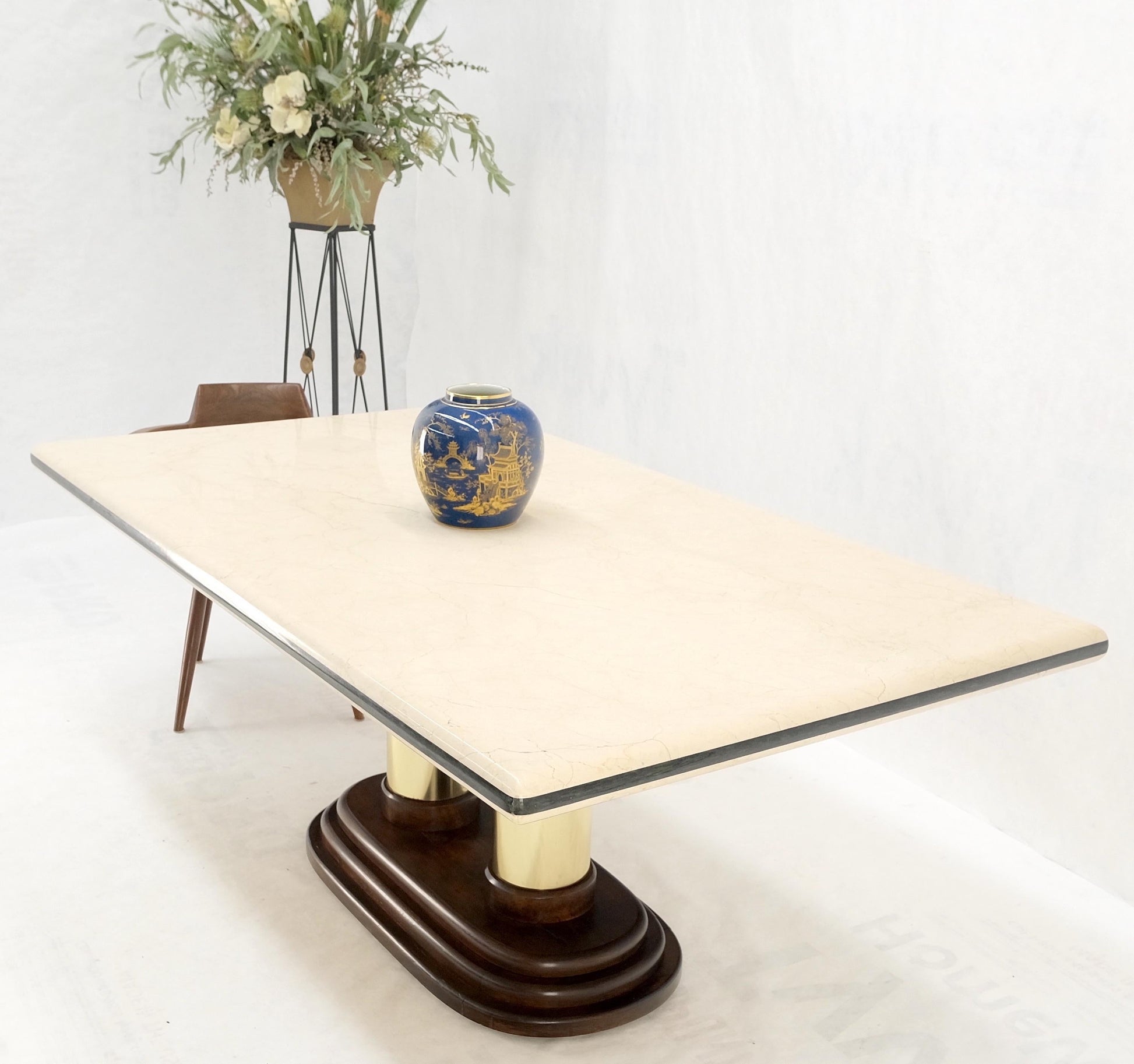 EstablishedLines Rounded Edge Marble Top Single Brass Pedestal Base Dining Conference Table Mint!