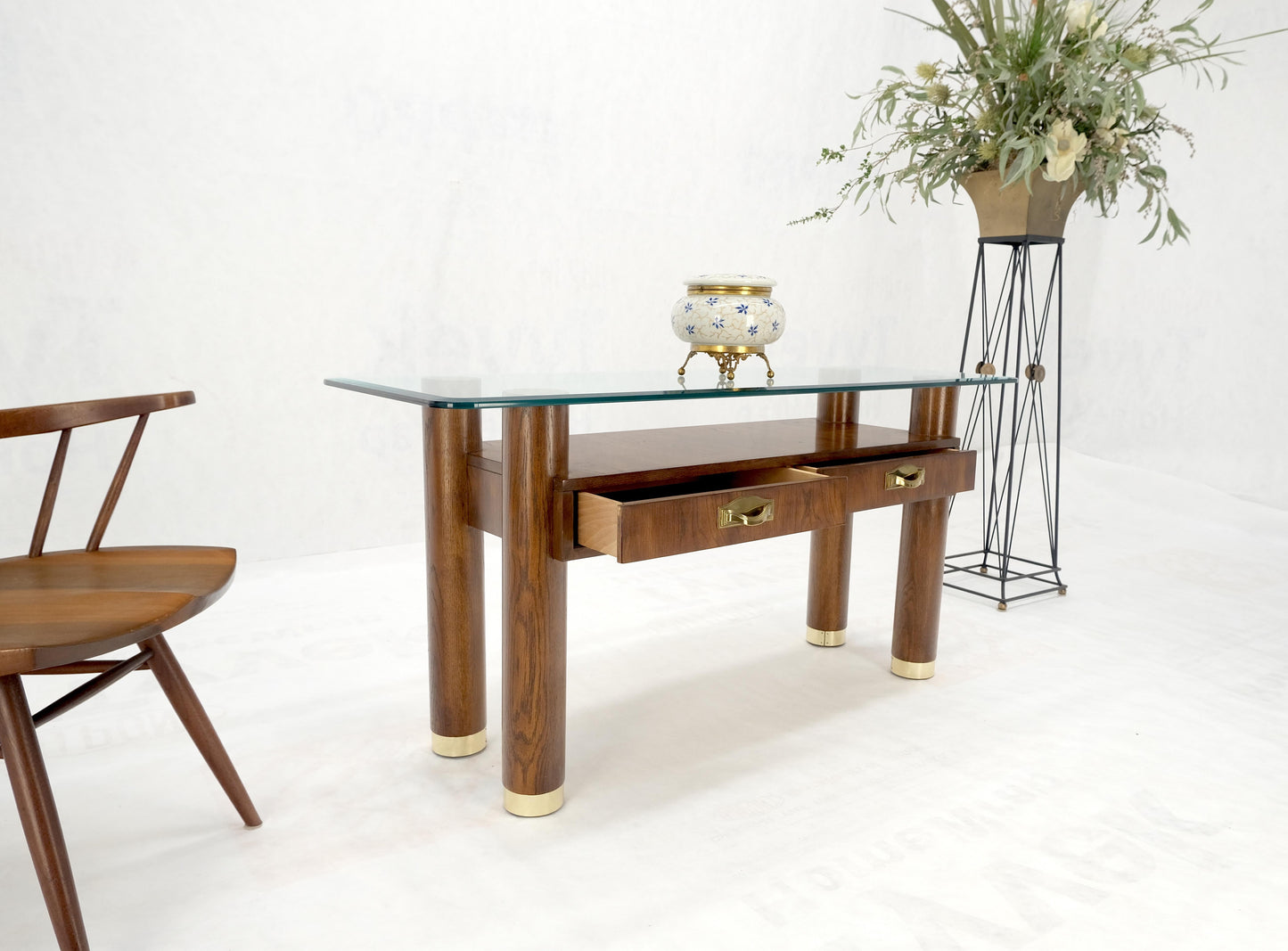 EstablishedLines Heavy Solid Oak Cylinder Legs Brass Tips Hardware Two Drawers Console Table MINT