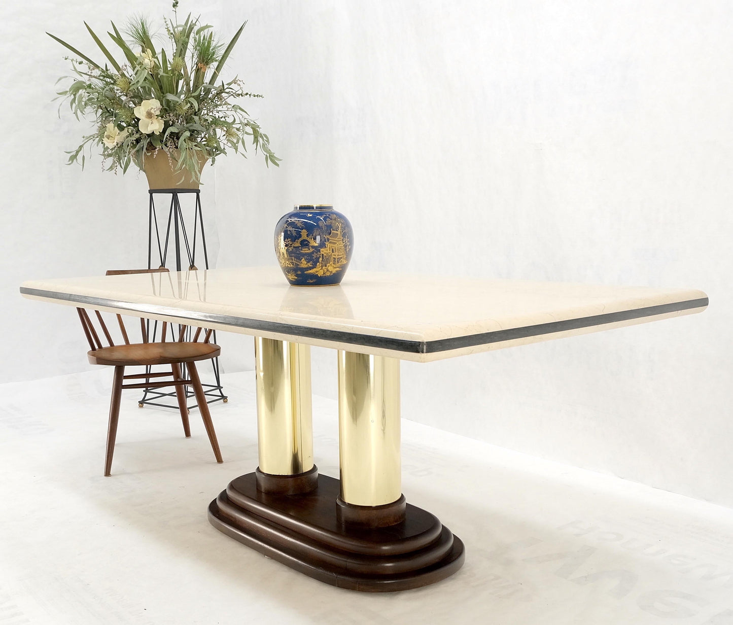 EstablishedLines Rounded Edge Marble Top Single Brass Pedestal Base Dining Conference Table Mint!
