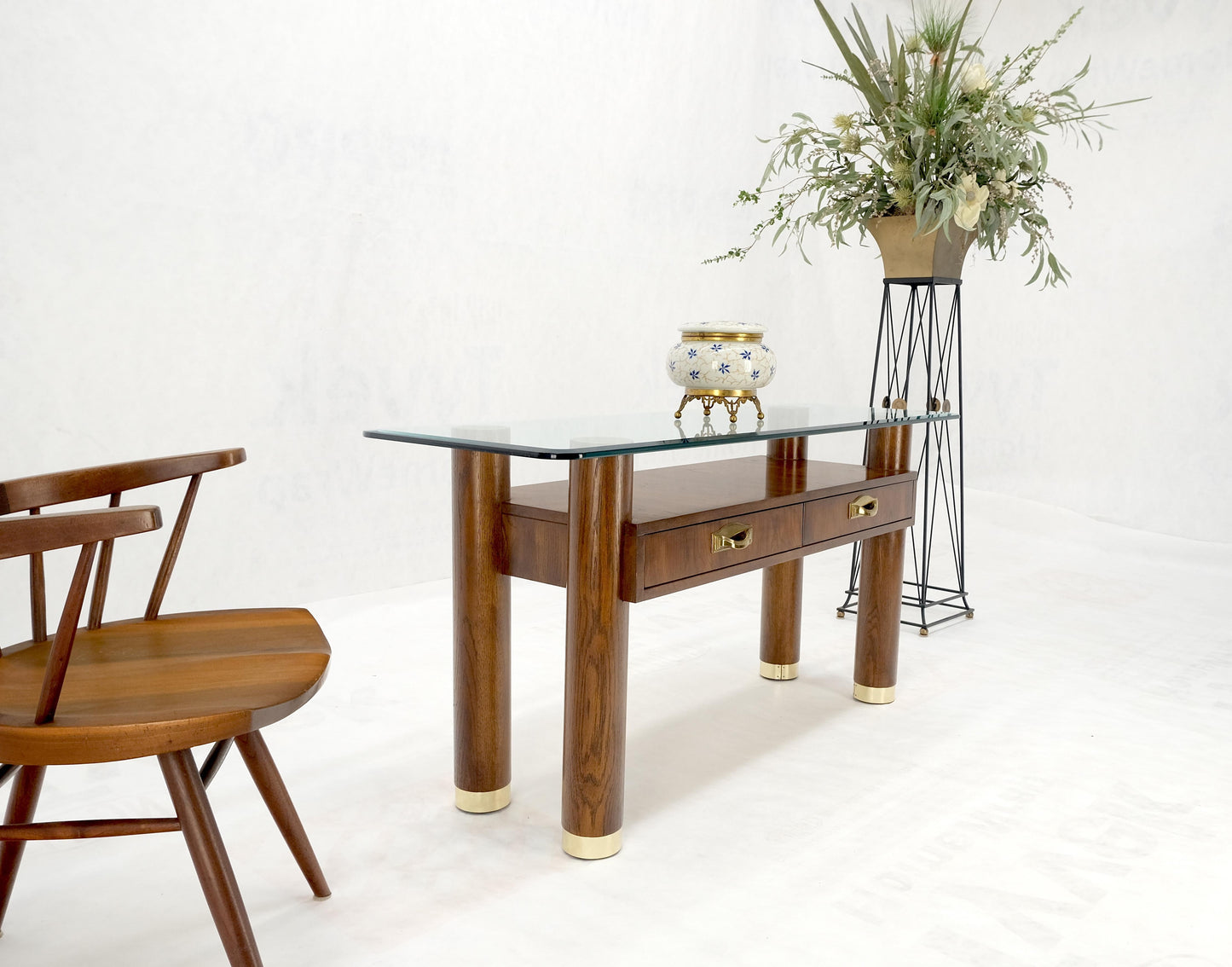 EstablishedLines Heavy Solid Oak Cylinder Legs Brass Tips Hardware Two Drawers Console Table MINT