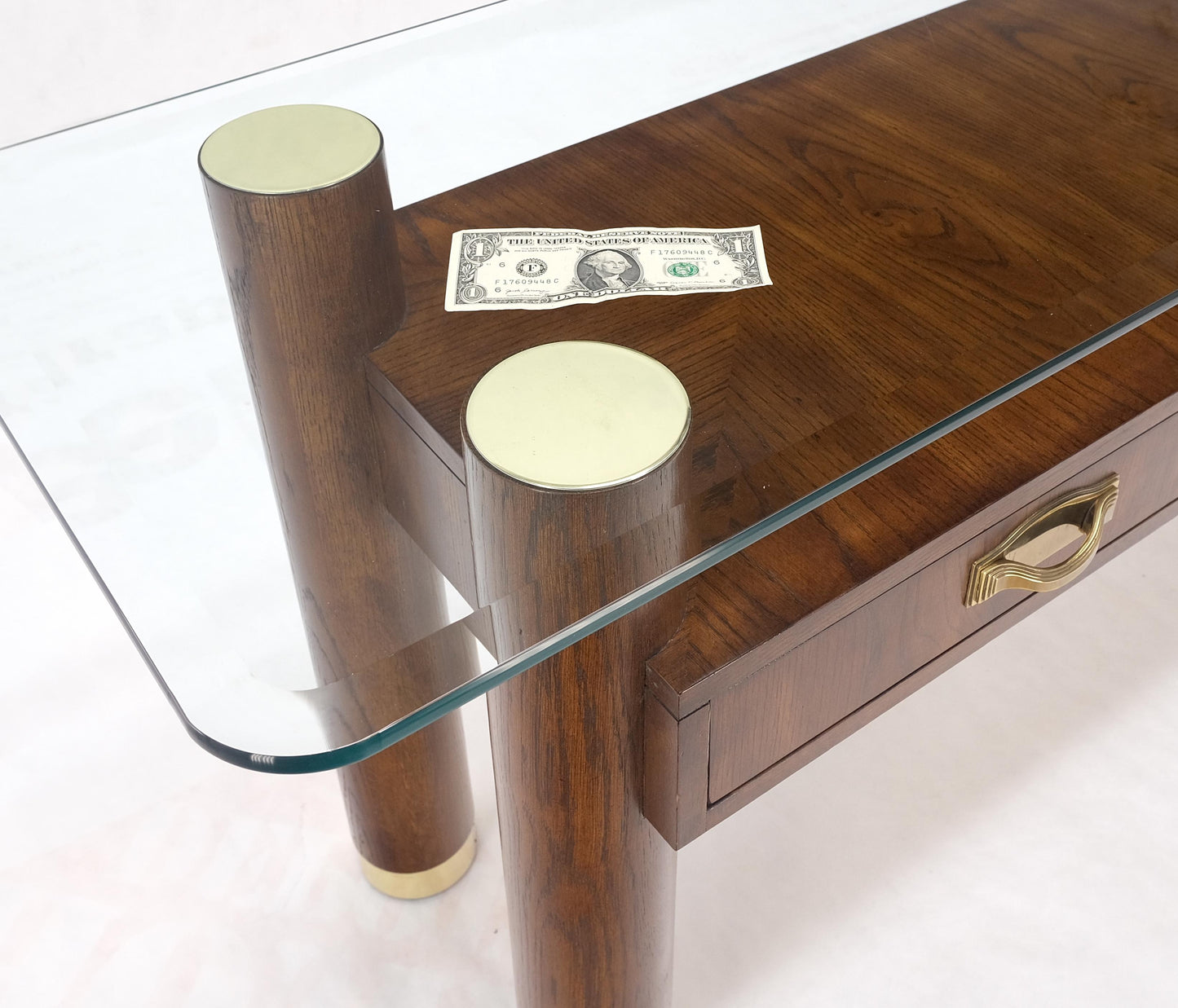 EstablishedLines Heavy Solid Oak Cylinder Legs Brass Tips Hardware Two Drawers Console Table MINT