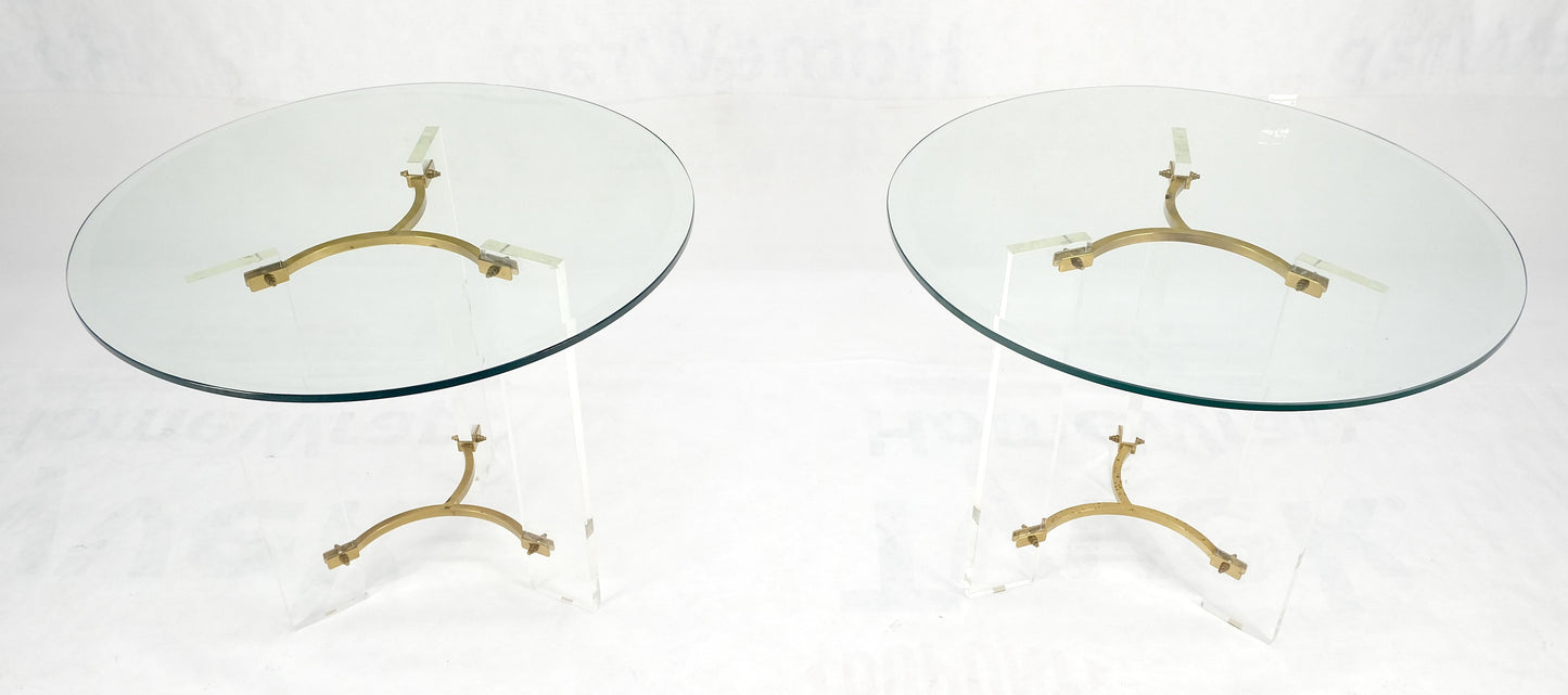 EstablishedLines Pair of Glass Top Lucite & Brass Bases End Side Occasional Tables Stands MINT!