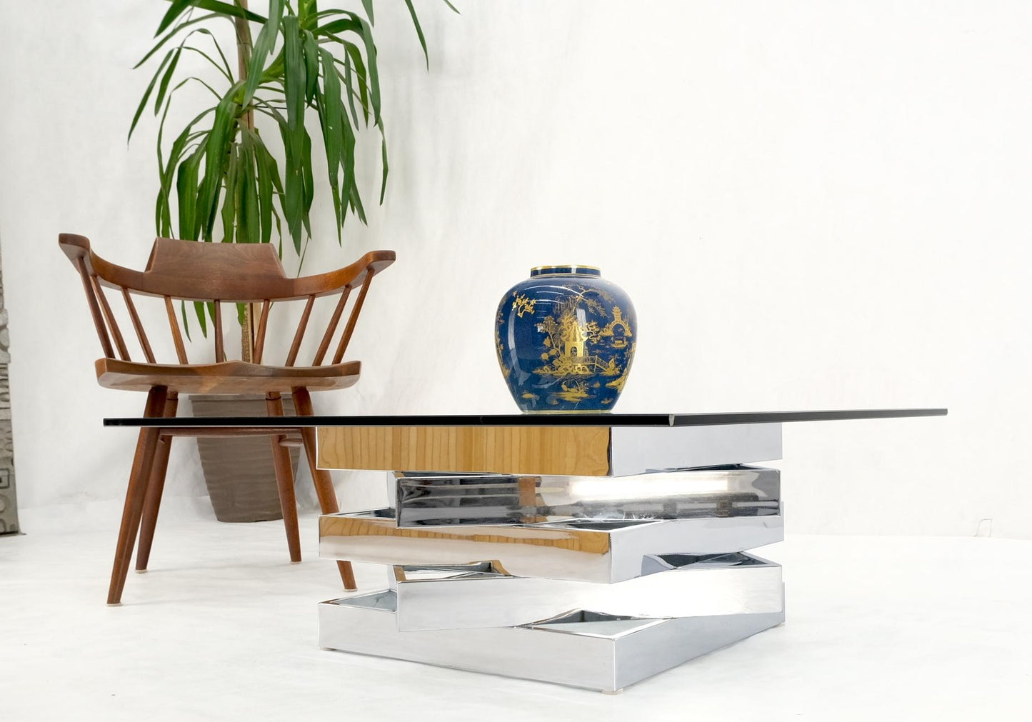 EstablishedLines Mid-Century Modern Bauhaus Stacked Chrome Frames Base Glass Top Square MINT!