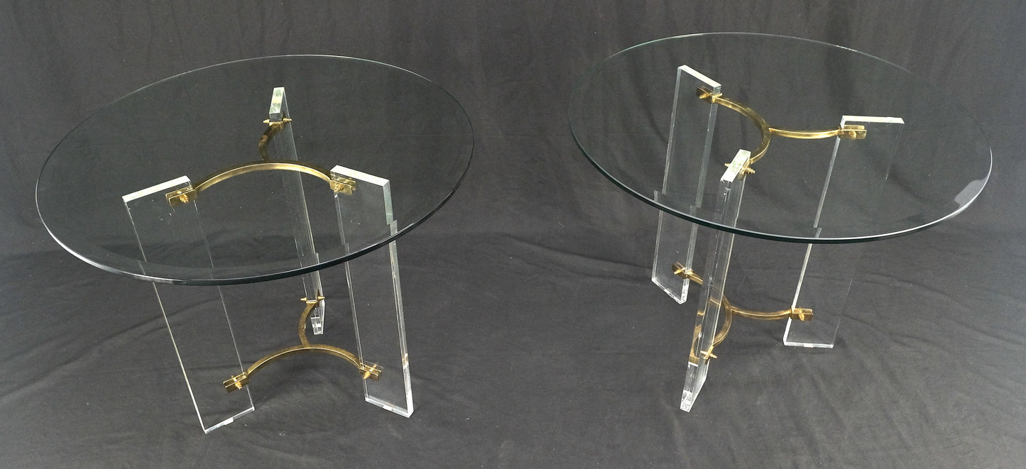 EstablishedLines Pair of Glass Top Lucite & Brass Bases End Side Occasional Tables Stands MINT!