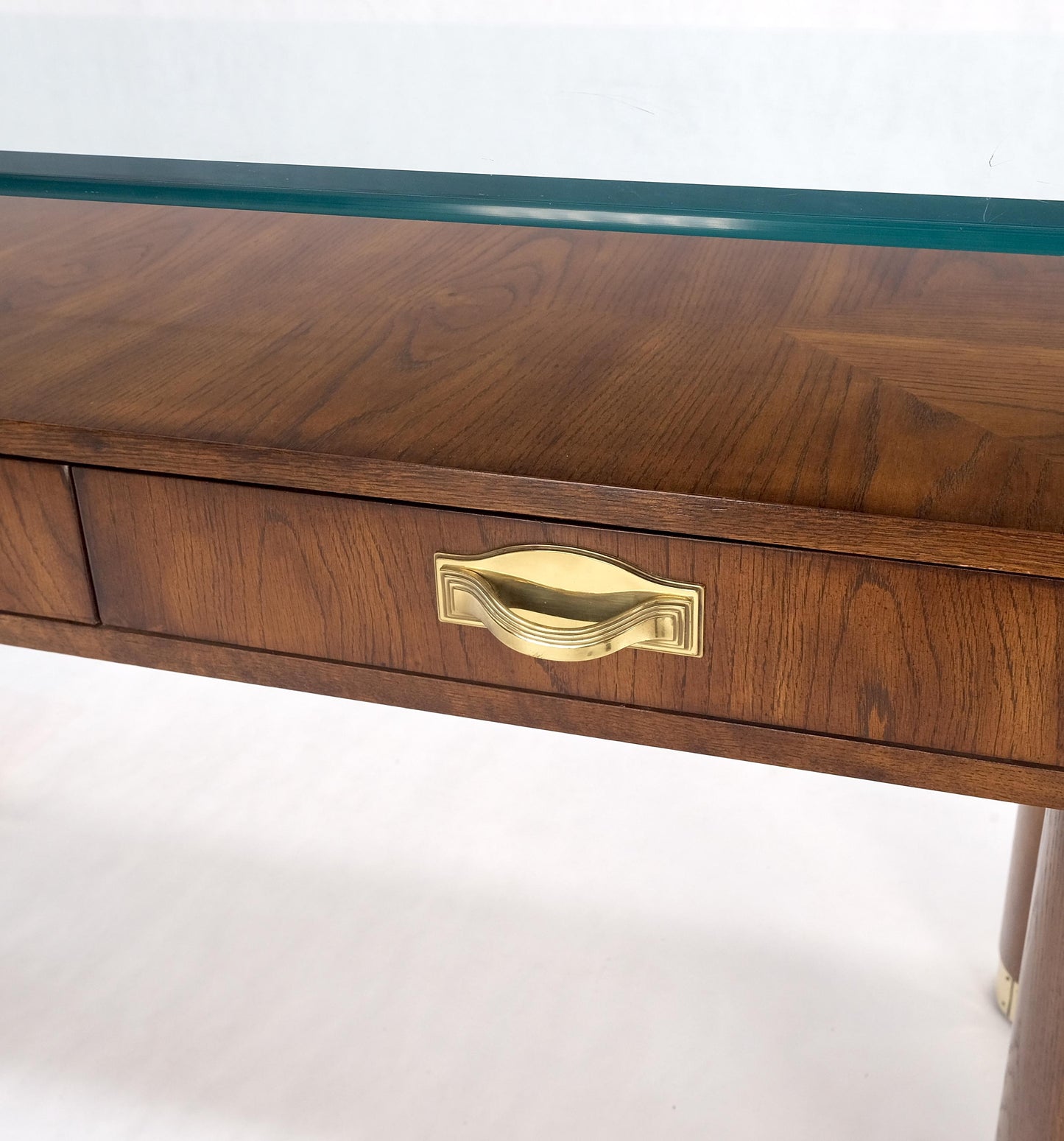 EstablishedLines Heavy Solid Oak Cylinder Legs Brass Tips Hardware Two Drawers Console Table MINT