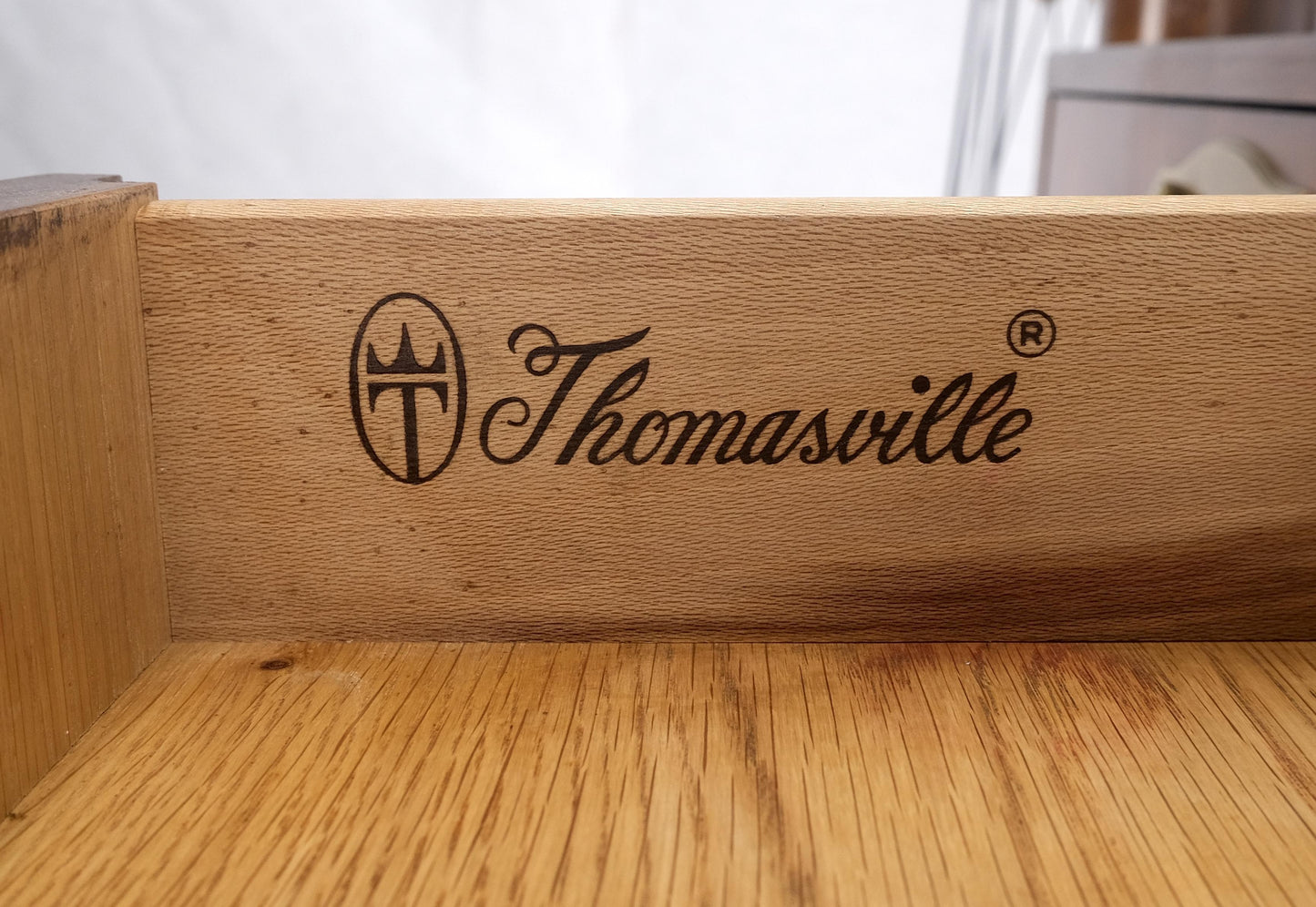 EstablishedLines Heavy Solid Oak Cylinder Legs Brass Tips Hardware Two Drawers Console Table MINT