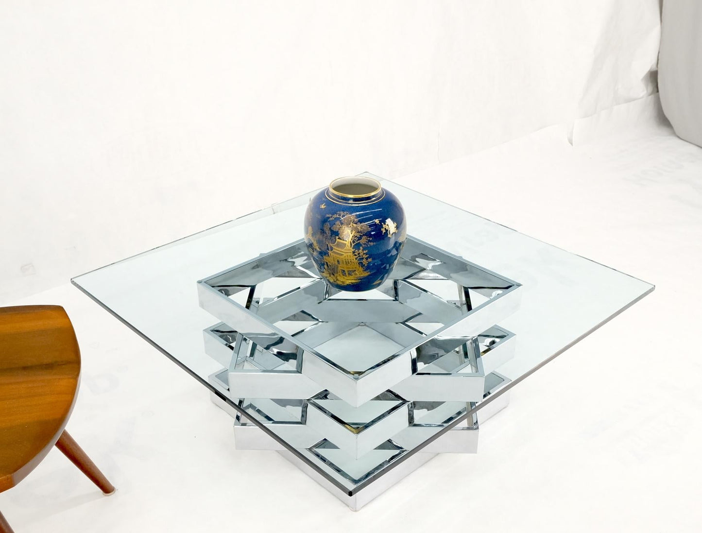 EstablishedLines Mid-Century Modern Bauhaus Stacked Chrome Frames Base Glass Top Square MINT!