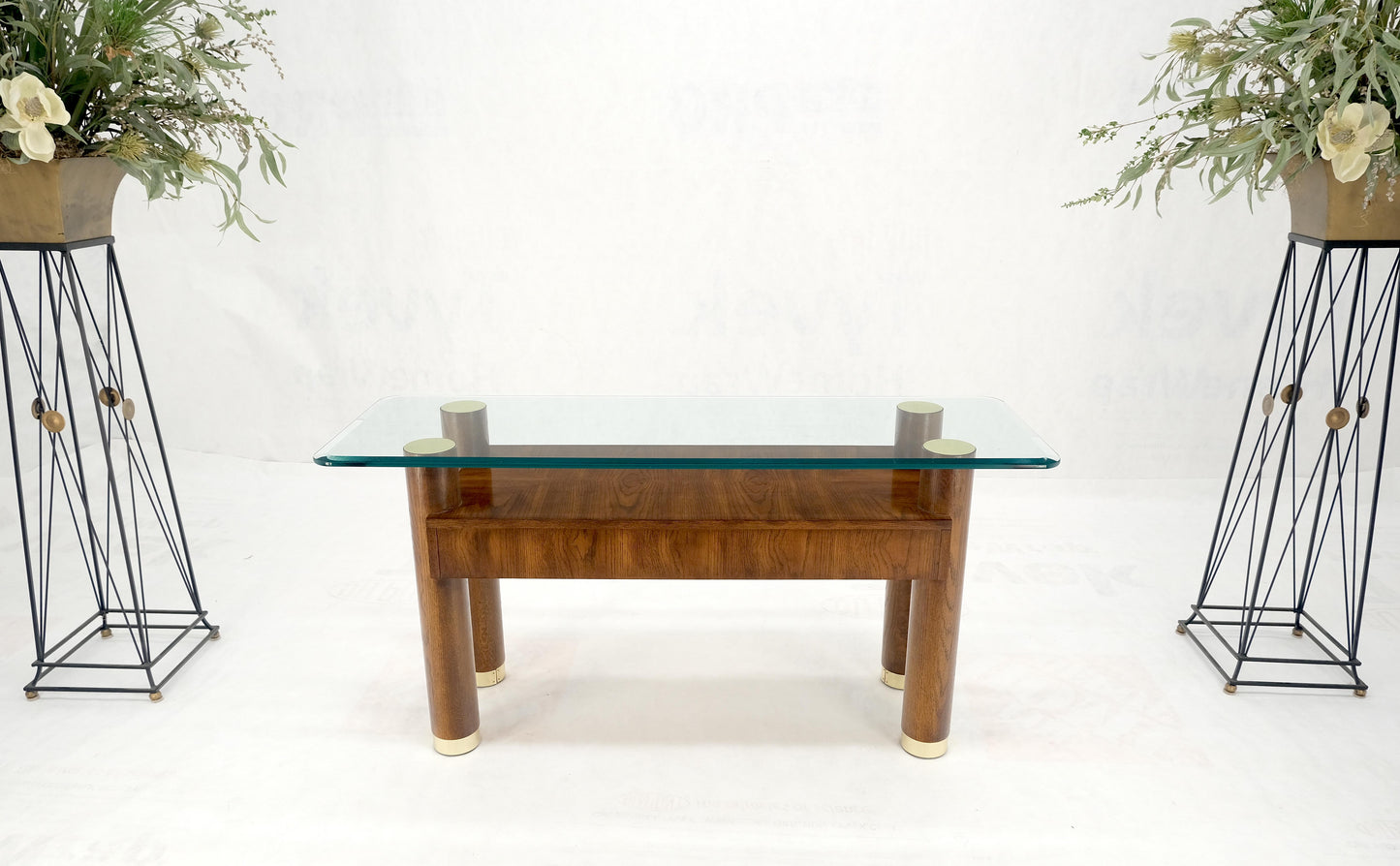 EstablishedLines Heavy Solid Oak Cylinder Legs Brass Tips Hardware Two Drawers Console Table MINT