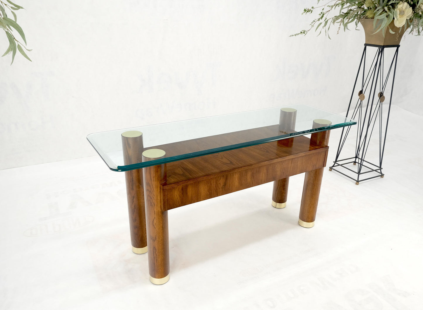 EstablishedLines Heavy Solid Oak Cylinder Legs Brass Tips Hardware Two Drawers Console Table MINT