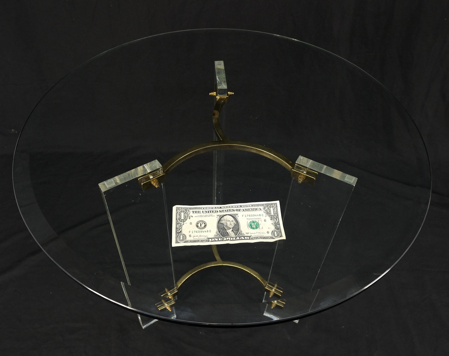 EstablishedLines Pair of Glass Top Lucite & Brass Bases End Side Occasional Tables Stands MINT!