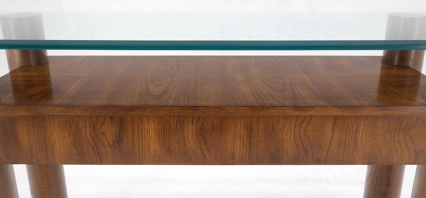 EstablishedLines Heavy Solid Oak Cylinder Legs Brass Tips Hardware Two Drawers Console Table MINT
