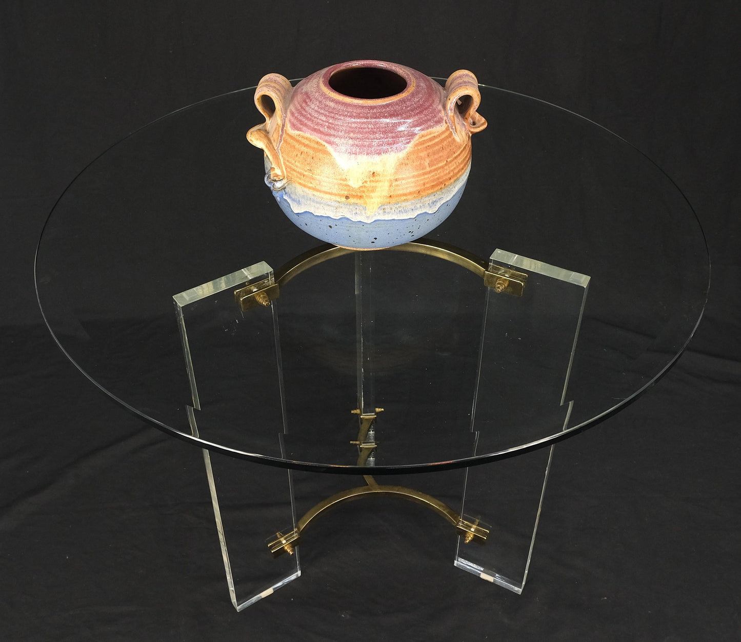 EstablishedLines Pair of Glass Top Lucite & Brass Bases End Side Occasional Tables Stands MINT!