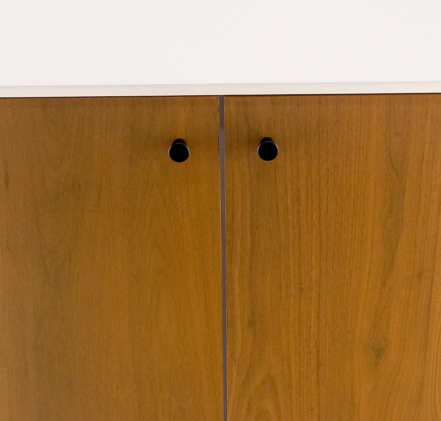 EstablishedLines Two Doors Light Walnut & White Lacquer Storage Shelf Cabinet on Solid Brass Legs