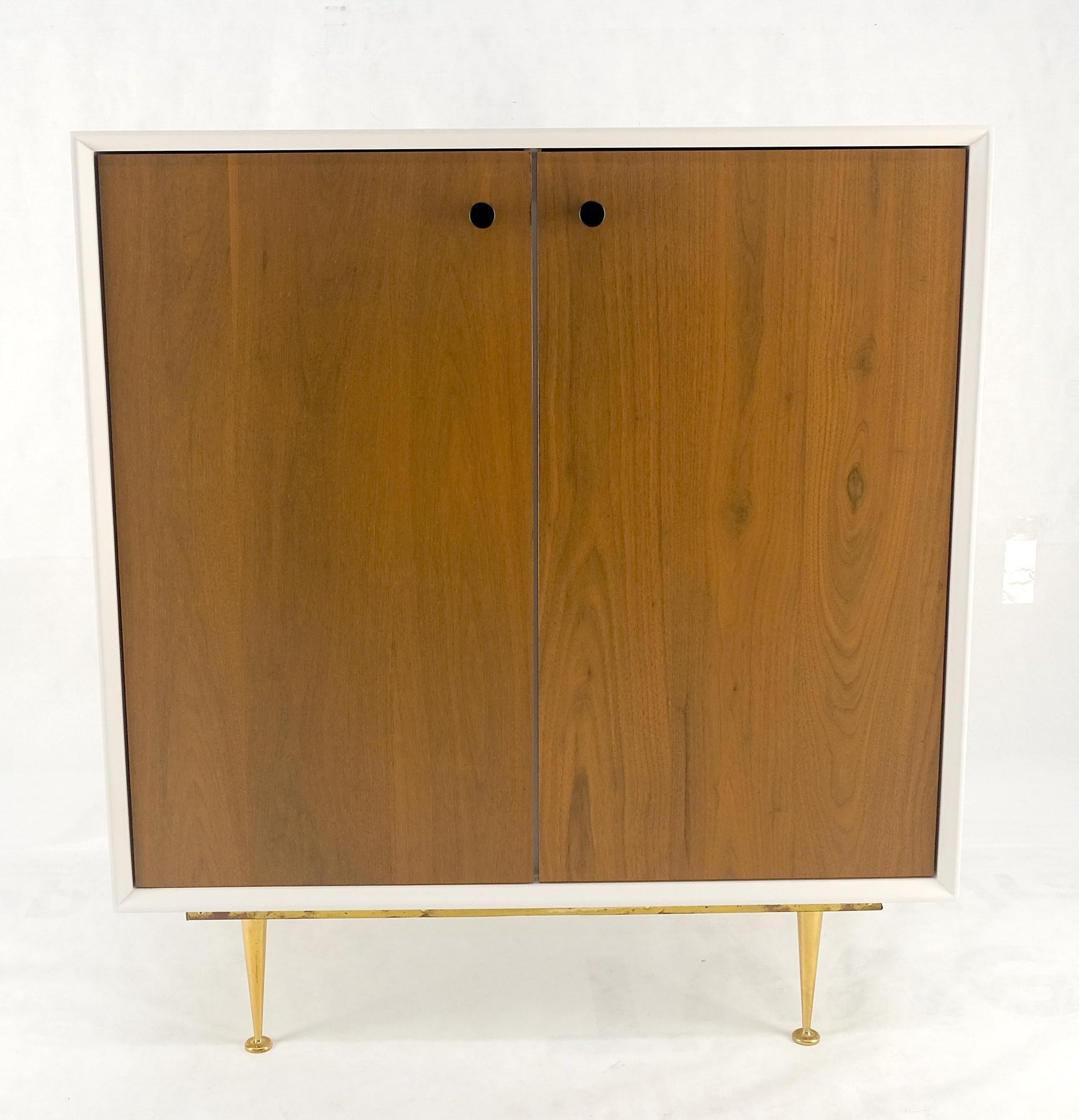 EstablishedLines Two Doors Light Walnut & White Lacquer Storage Shelf Cabinet on Solid Brass Legs