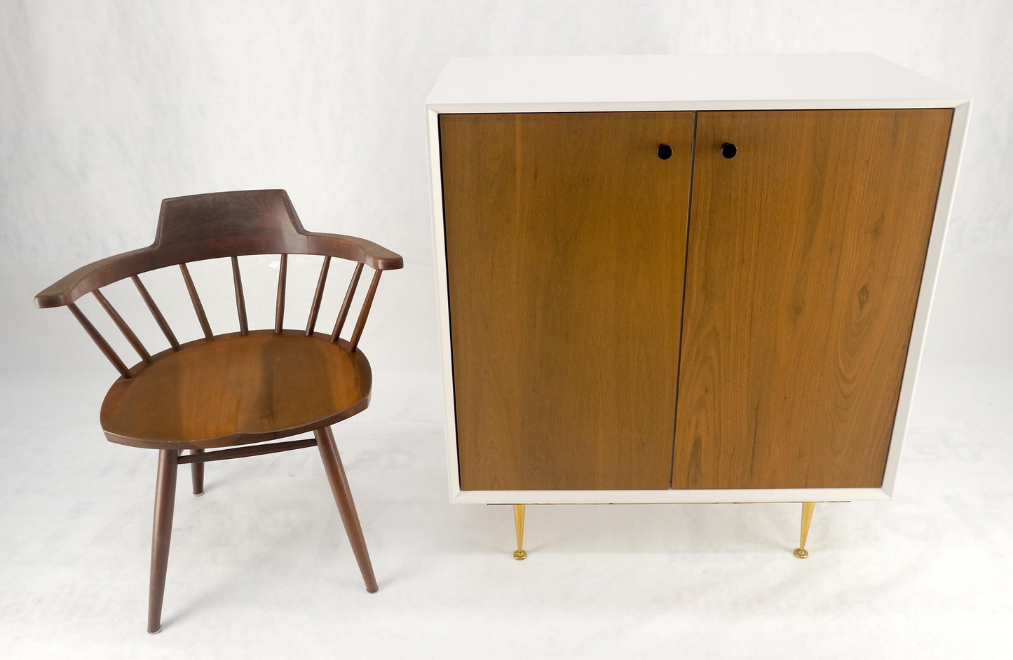 Two Doors Light Walnut & White Lacquer Storage Shelf Cabinet on Solid Brass Legs