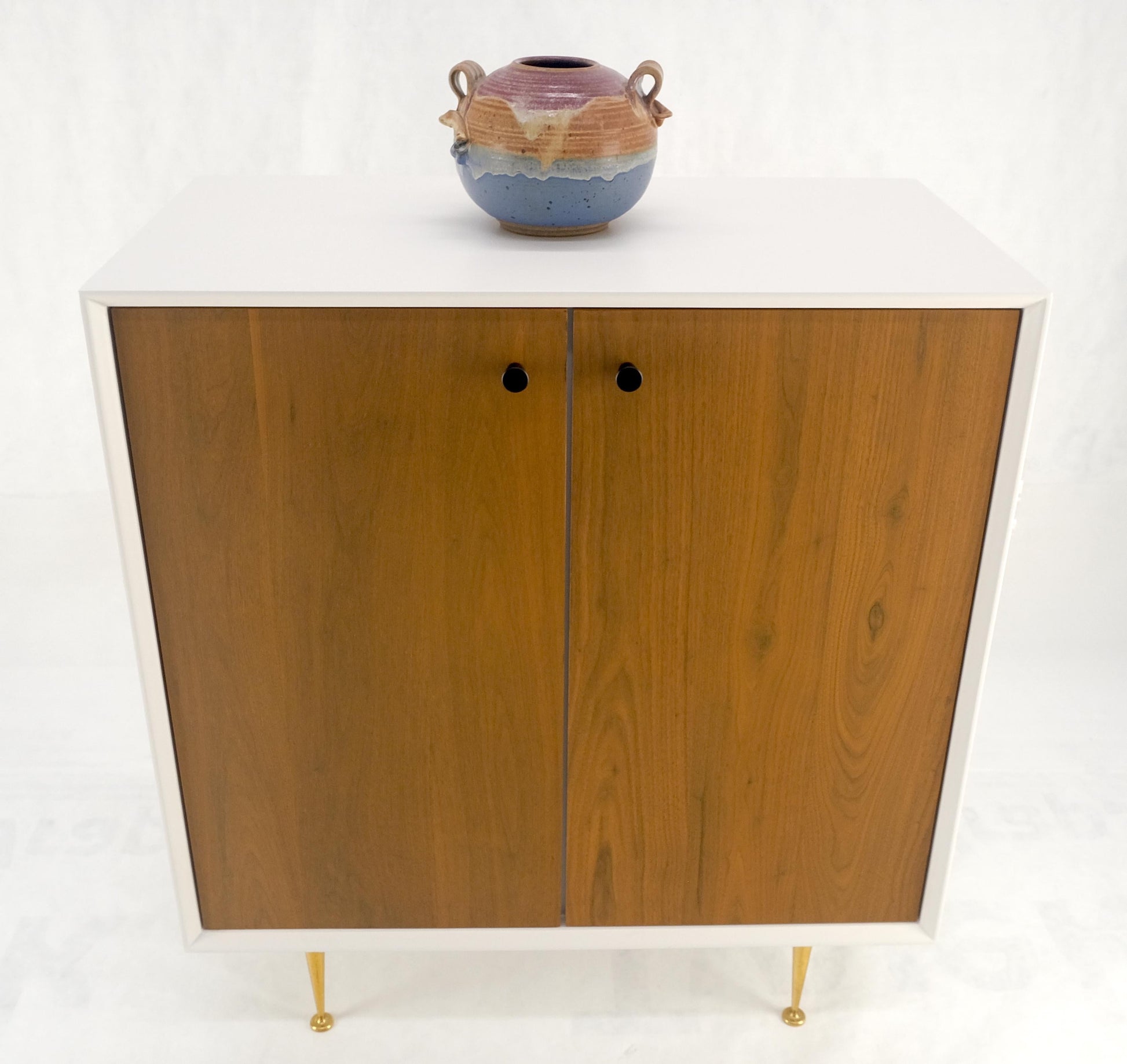 EstablishedLines Two Doors Light Walnut & White Lacquer Storage Shelf Cabinet on Solid Brass Legs