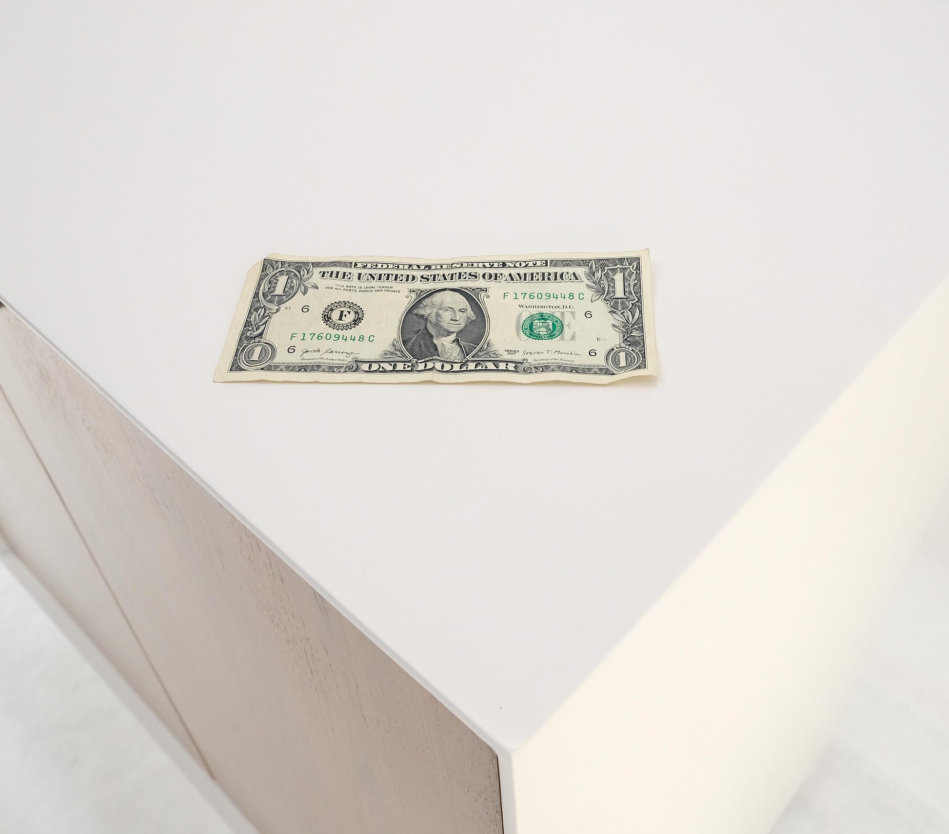 EstablishedLines Two Doors Light Walnut & White Lacquer Storage Shelf Cabinet on Solid Brass Legs