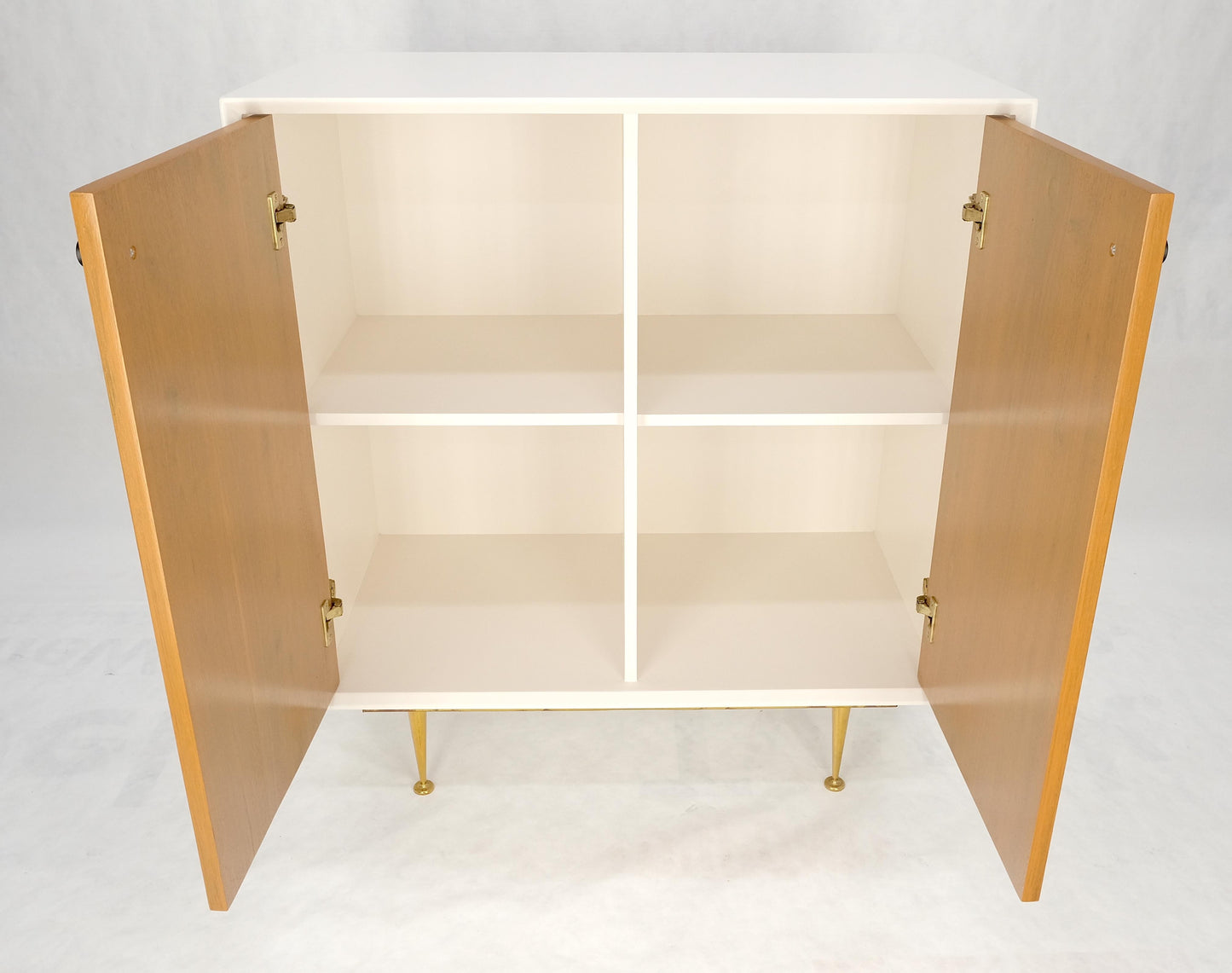 Two Doors Light Walnut & White Lacquer Storage Shelf Cabinet on Solid Brass Legs