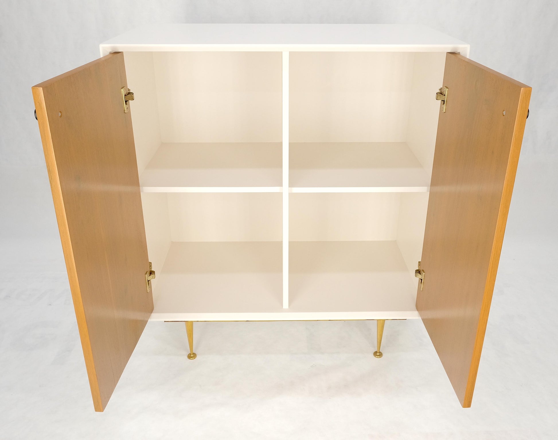EstablishedLines Two Doors Light Walnut & White Lacquer Storage Shelf Cabinet on Solid Brass Legs