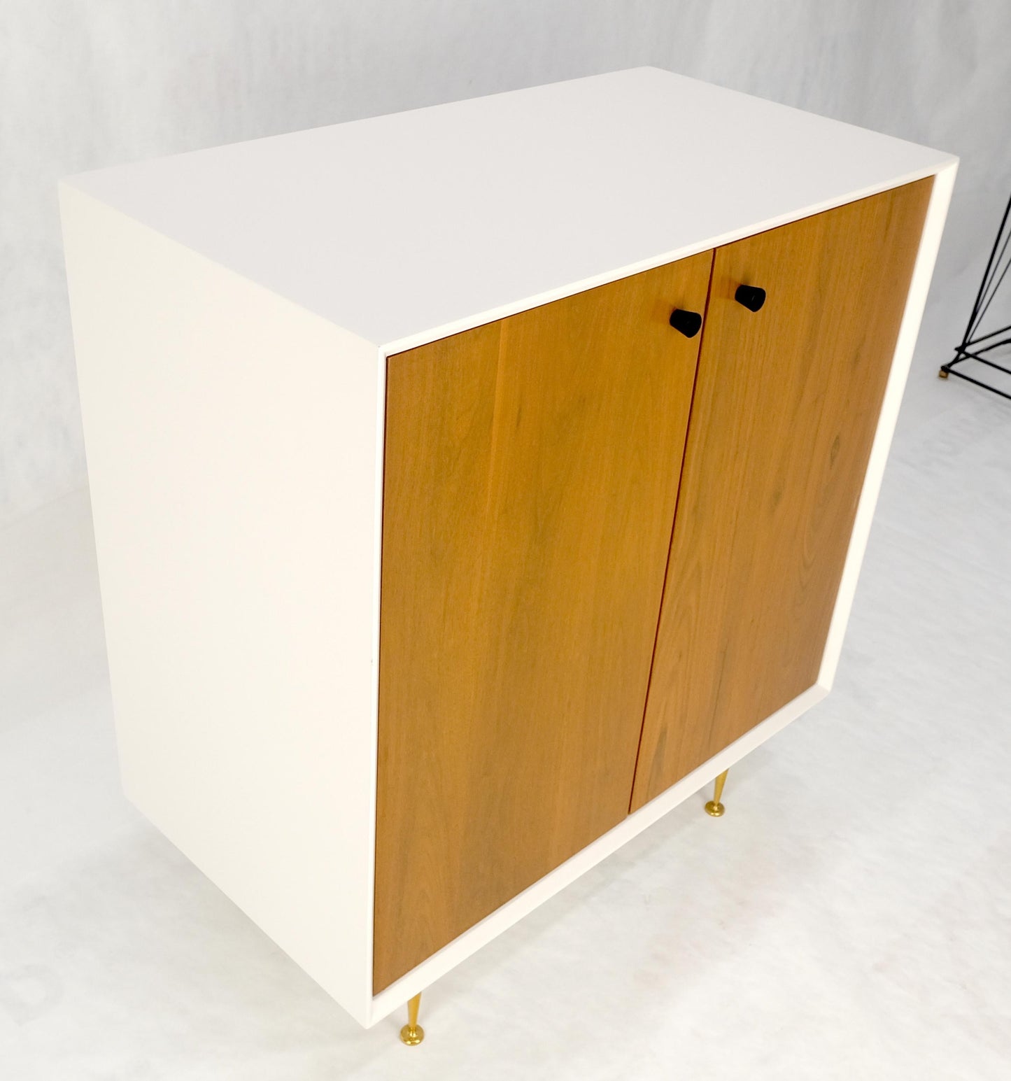 Two Doors Light Walnut & White Lacquer Storage Shelf Cabinet on Solid Brass Legs
