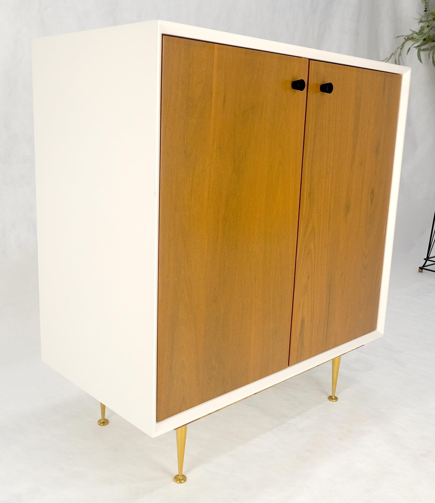Two Doors Light Walnut & White Lacquer Storage Shelf Cabinet on Solid Brass Legs