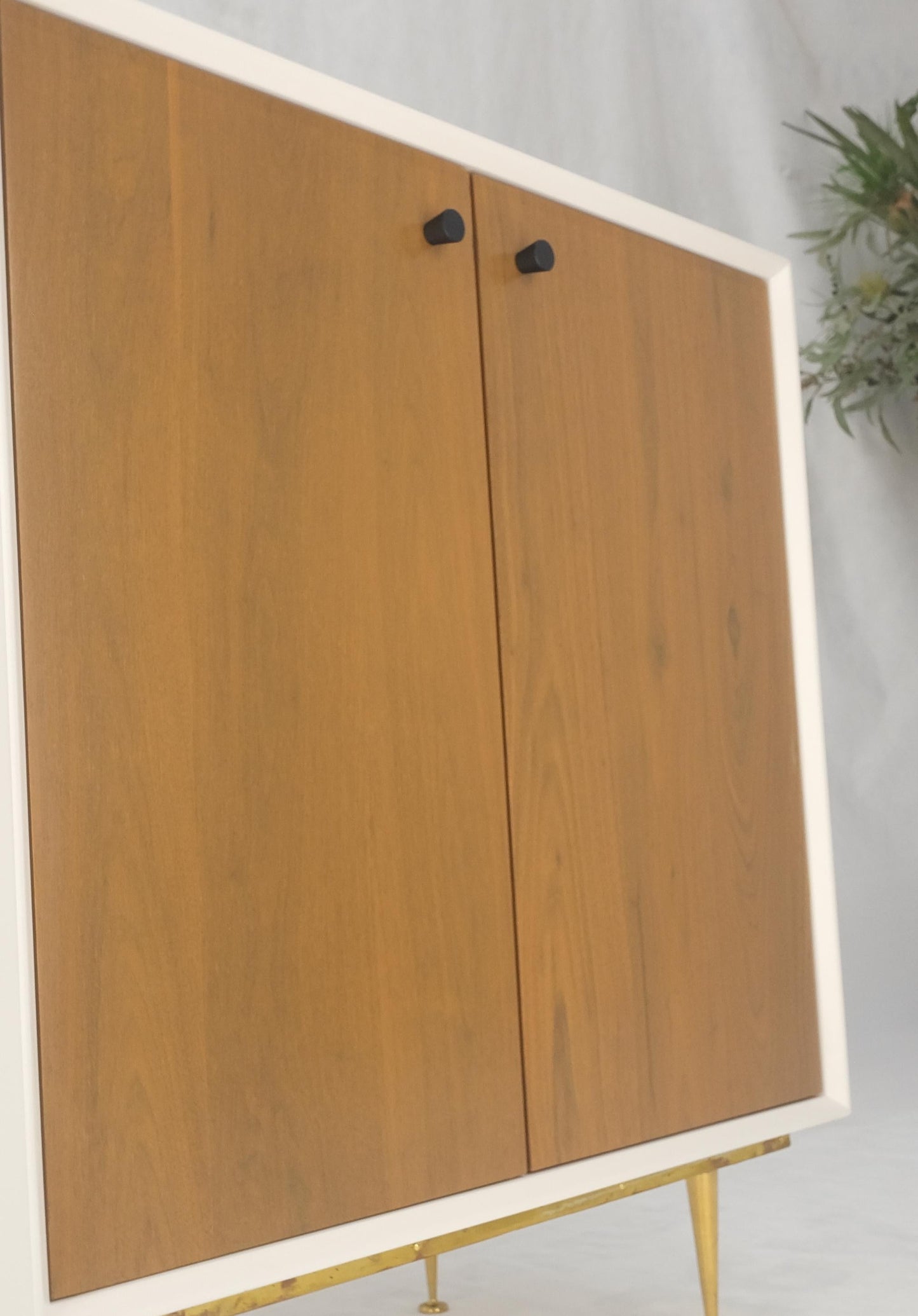 Two Doors Light Walnut & White Lacquer Storage Shelf Cabinet on Solid Brass Legs