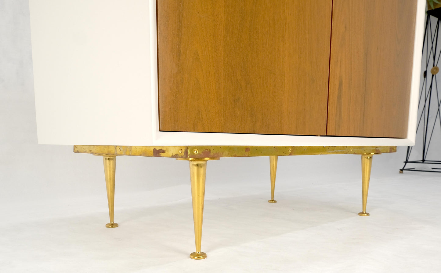 Two Doors Light Walnut & White Lacquer Storage Shelf Cabinet on Solid Brass Legs
