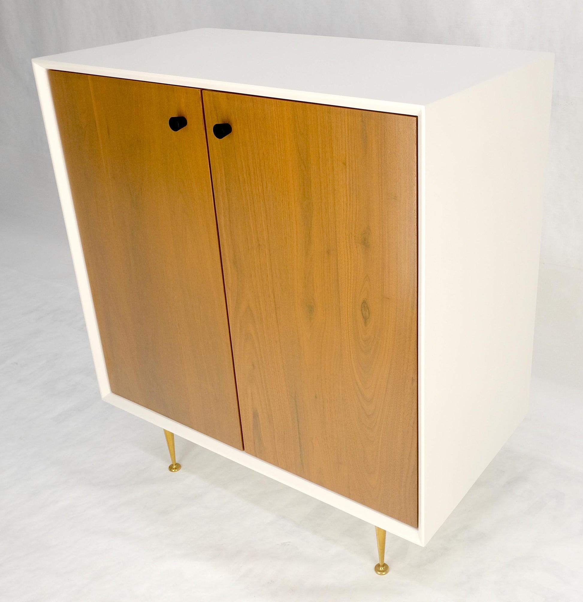 EstablishedLines Two Doors Light Walnut & White Lacquer Storage Shelf Cabinet on Solid Brass Legs
