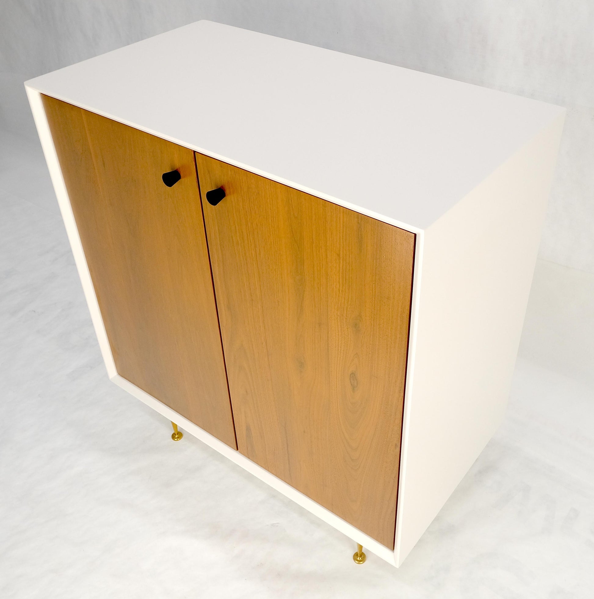 EstablishedLines Two Doors Light Walnut & White Lacquer Storage Shelf Cabinet on Solid Brass Legs
