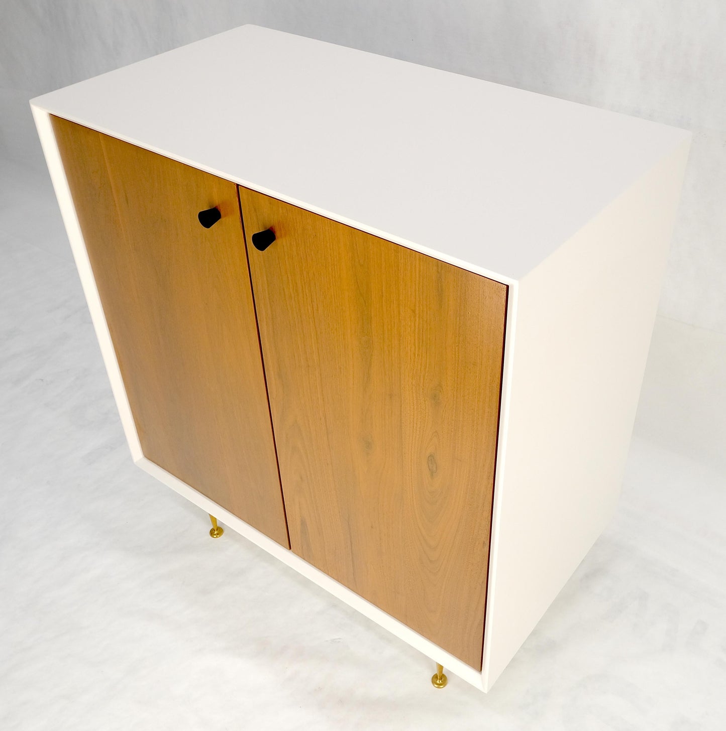 EstablishedLines Two Doors Light Walnut & White Lacquer Storage Shelf Cabinet on Solid Brass Legs
