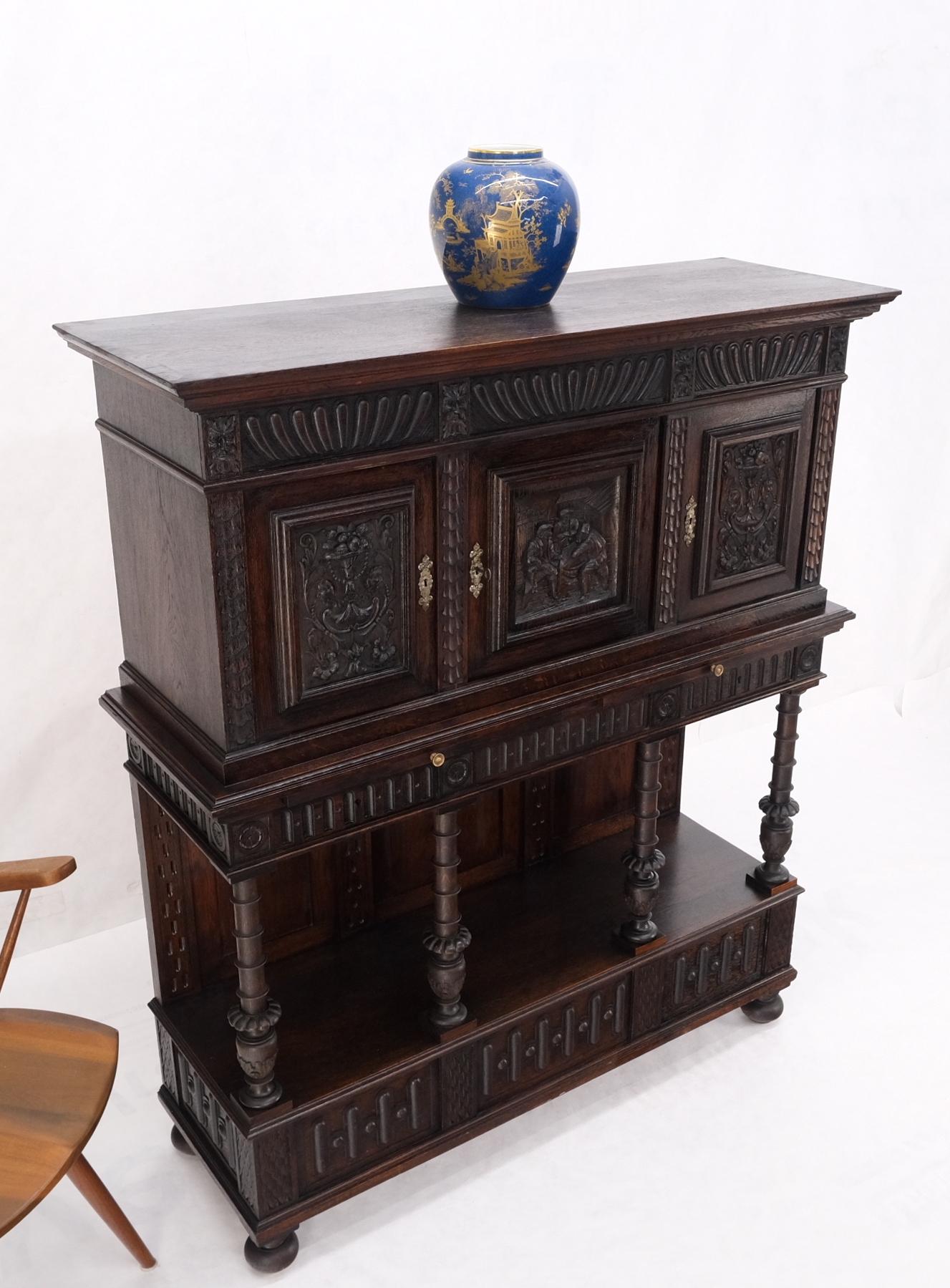 EstablishedLines Carved Oak Jacobean Style 3 Doors Drawers Server Credenza Cabinet Cupboard Mint