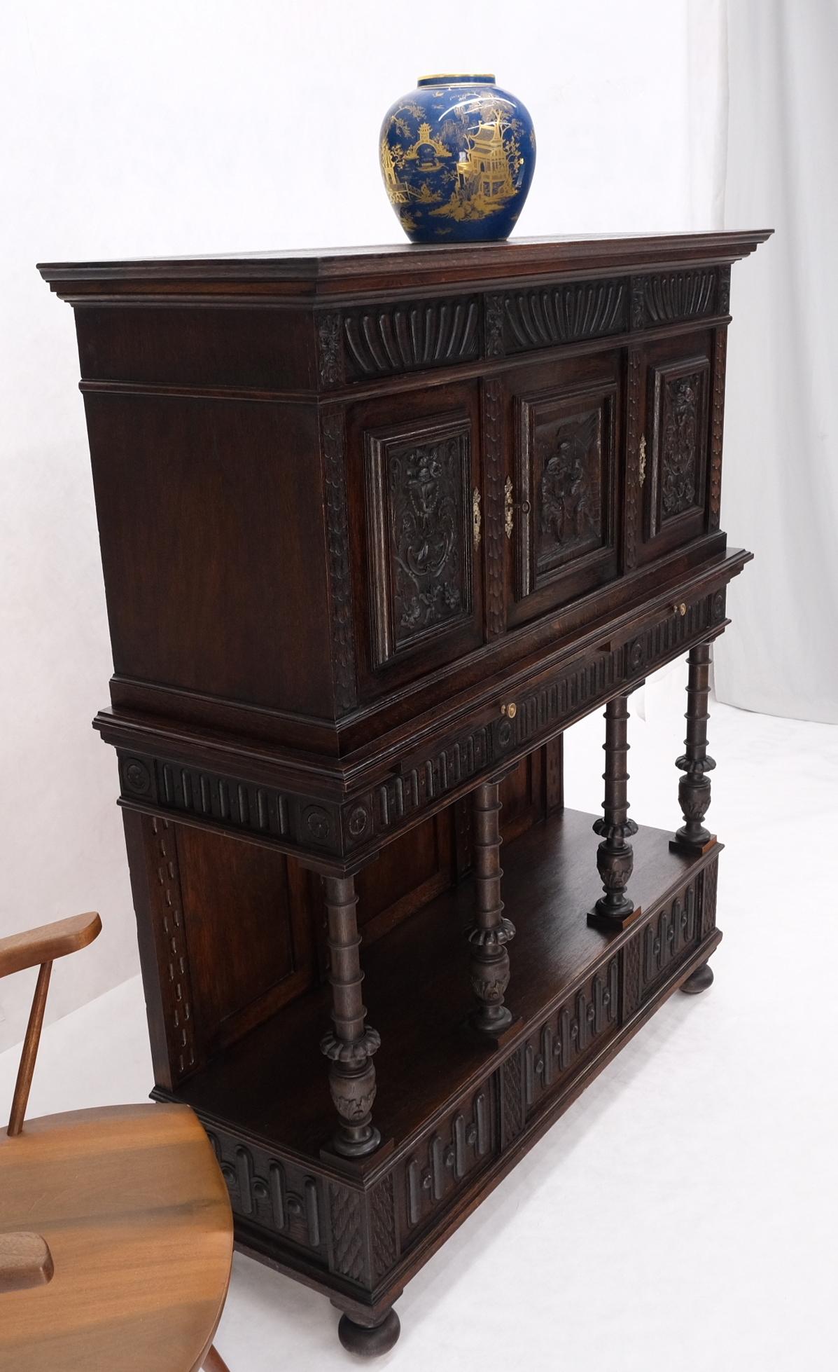 EstablishedLines Carved Oak Jacobean Style 3 Doors Drawers Server Credenza Cabinet Cupboard Mint