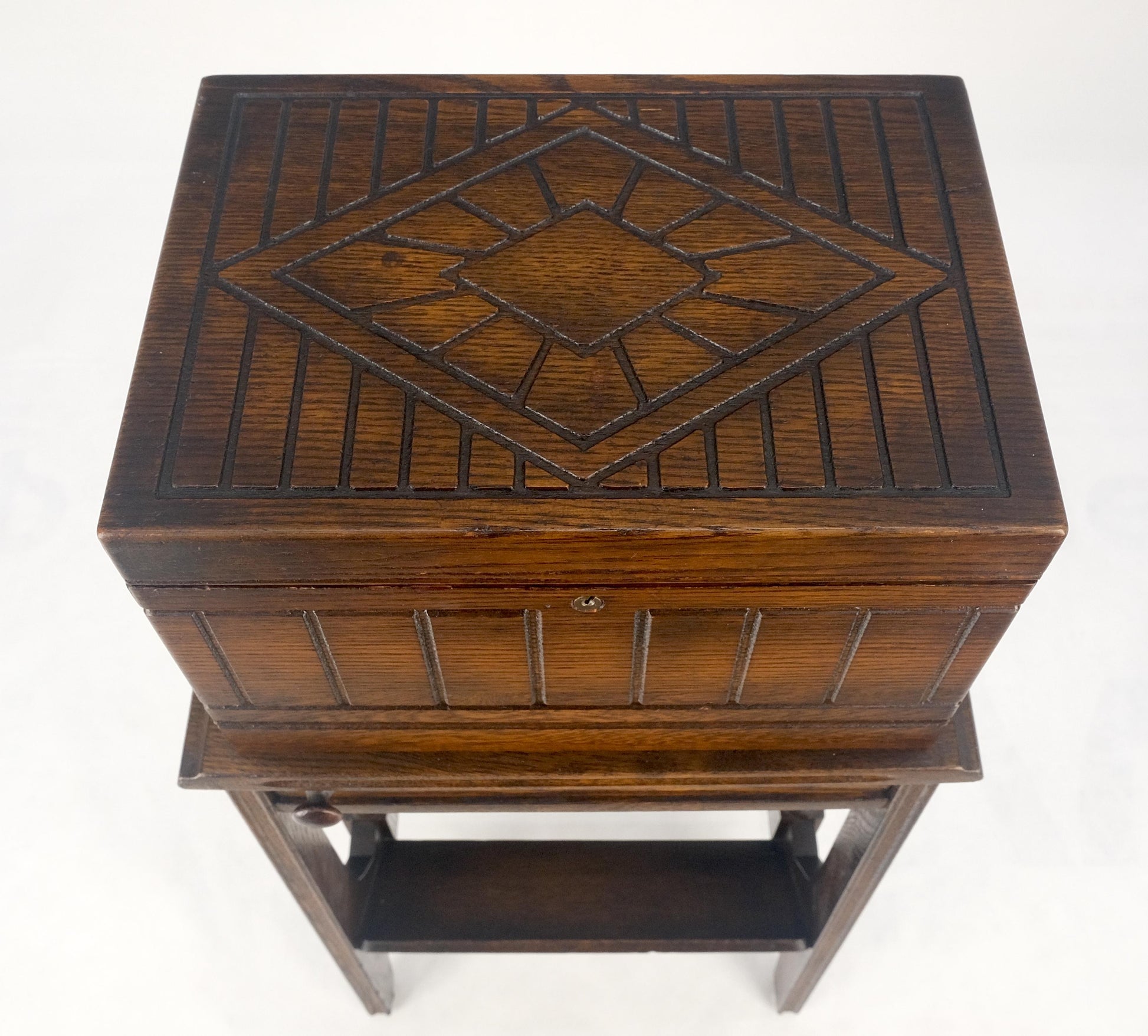 EstablishedLines Antique c1920s Art Deco Solid Oak Humidor on Stand w/ Built in Swivel Ashtray