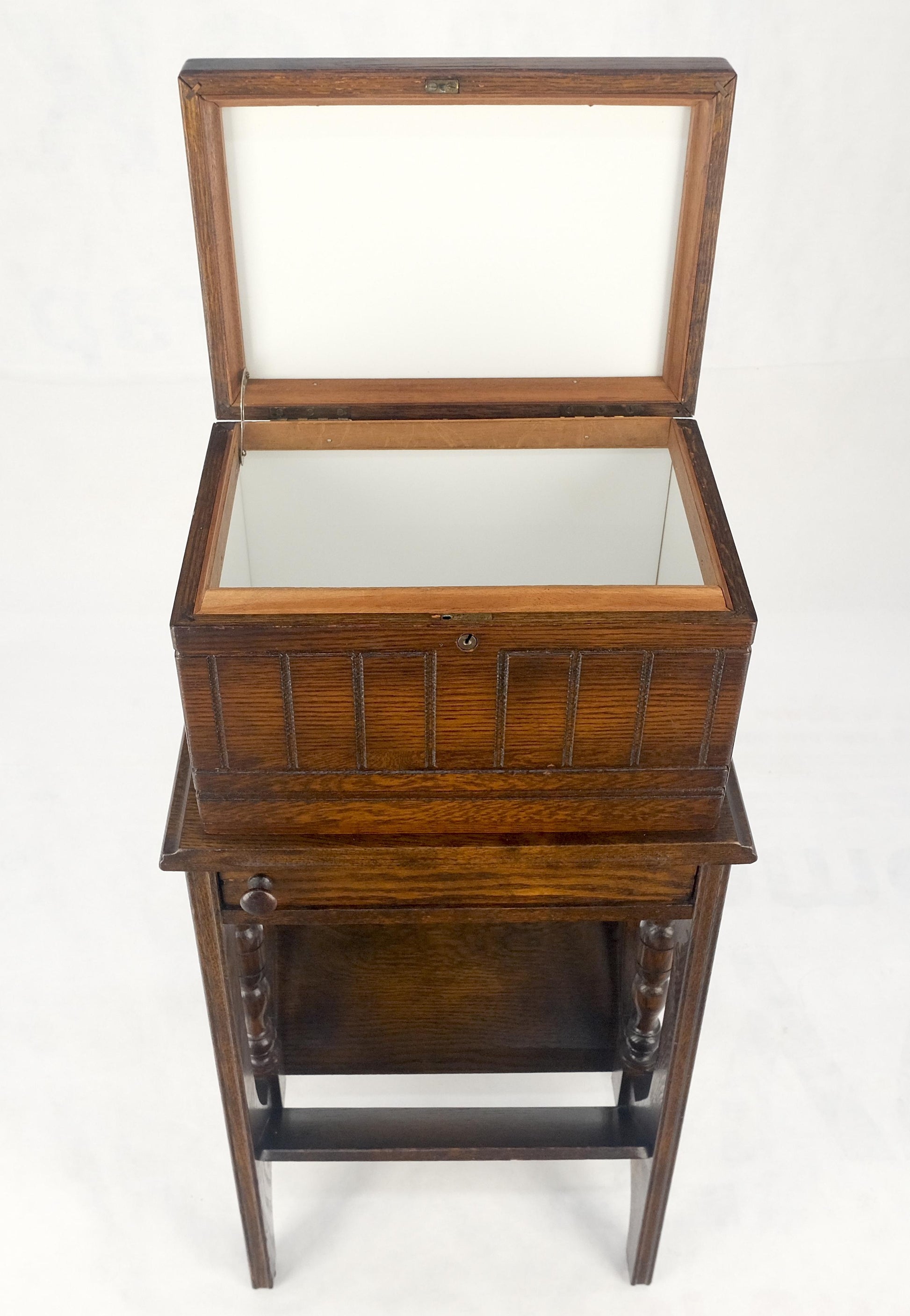 EstablishedLines Antique c1920s Art Deco Solid Oak Humidor on Stand w/ Built in Swivel Ashtray