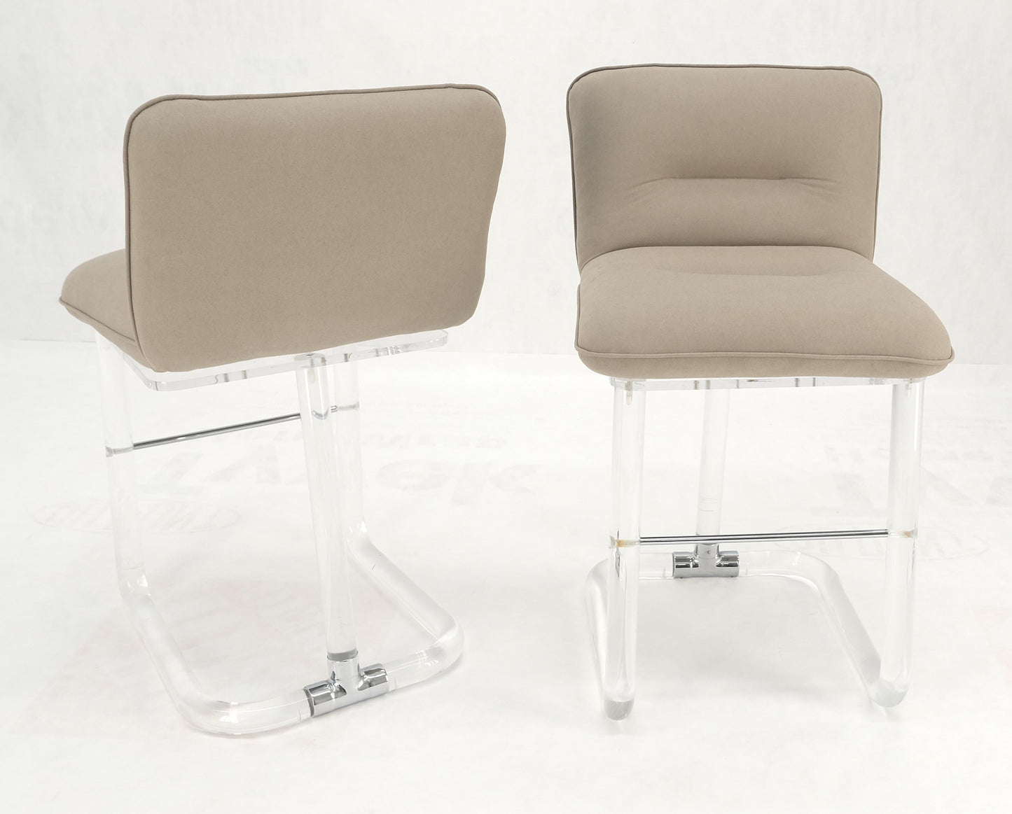 EstablishedLines Pair Bent Lucite 1970s New Alcantera Upholstery Swivel Barstool Chairs Chairs
